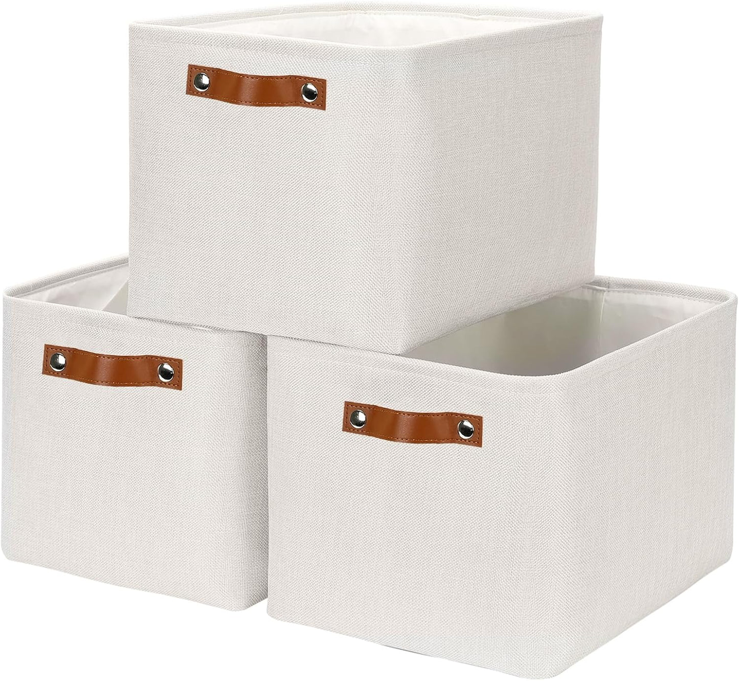 HNZIGE Large Fabric Storage Basket Organizers (3 PCS), Foldable Decorative Shelf Baskets with Leather Handles (Cream, 15" x 11" x 9.5")