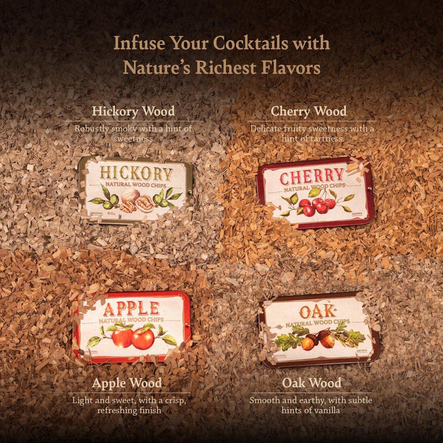 Cocktail Whiskey Smoker Kit with Torch, Wooden Box & Stand | Premium USA Walnut Smoker & 4 Flavors Natural Wood Chips | Old Fashioned Smoker Kit | Bourbon Gifts for Men