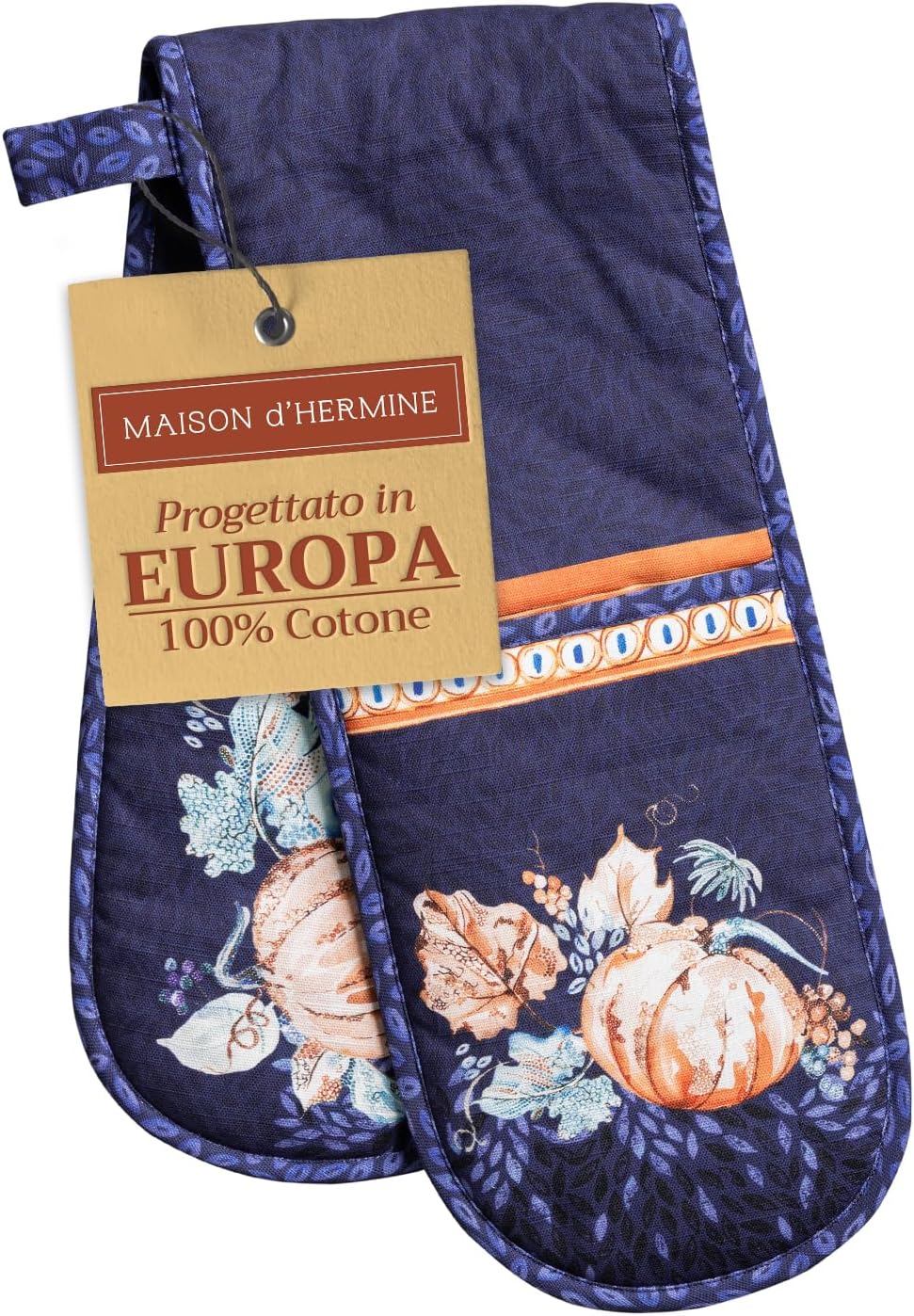 Maison d' Hermine Double Oven Mitts 100% Cotton 7"x35" Double Oven Mitt Heat Resistant BBQ Cooking Gloves with Loop, Baking, Grilling, Home, Kitchen, Handling Hot Pans (Pumpkin Blues)