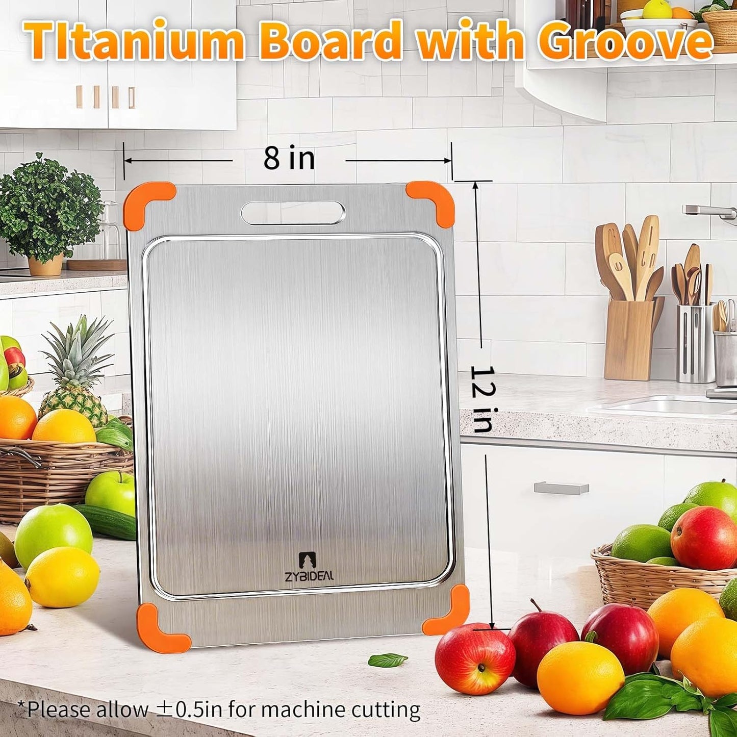 100% Pure Titanium Cutting Board with Grooves, Update Double Side Titanium Chopping Board, Silicone Anti-slip Stainless Cutting Boards for Kitchen 8 * 12 IN, Orange