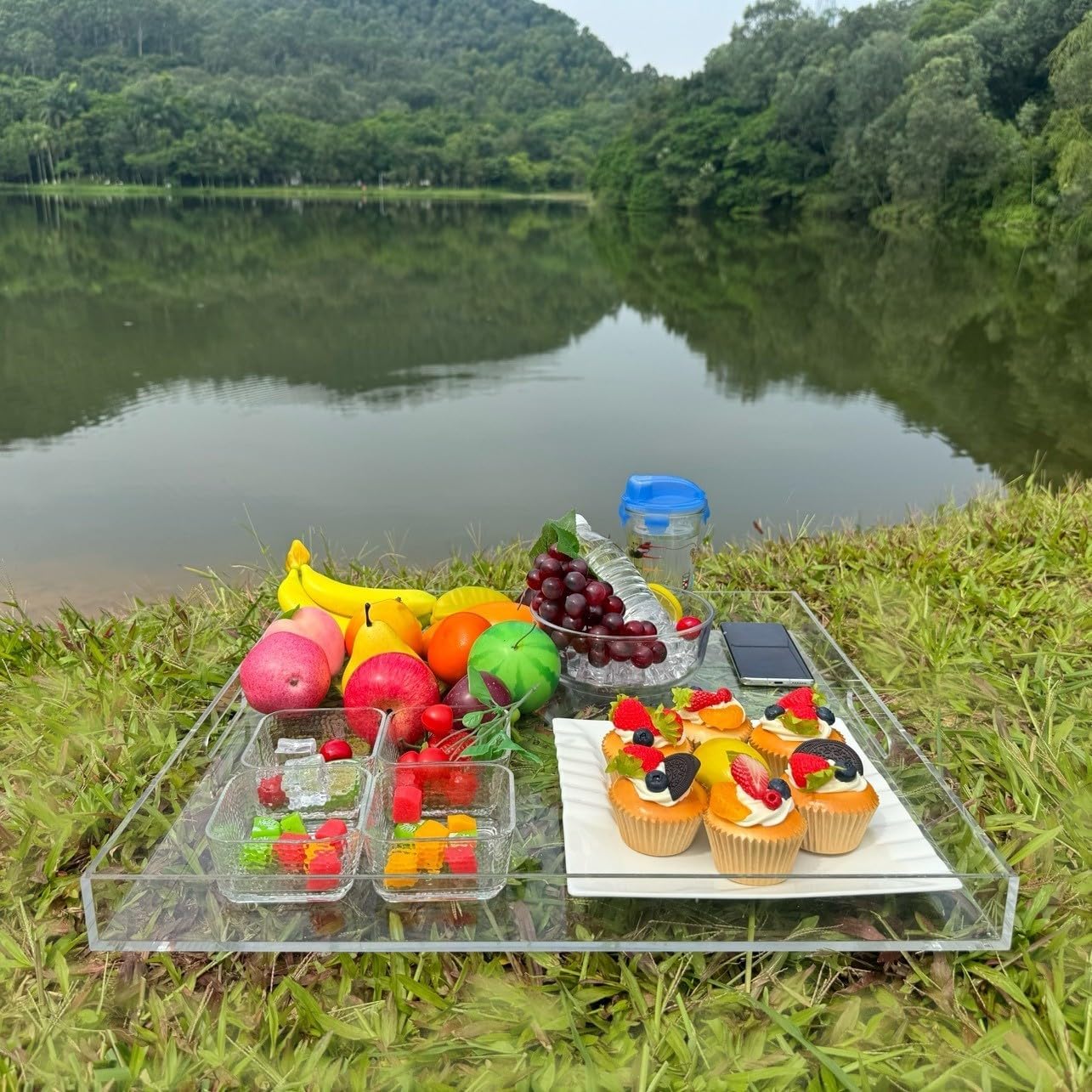 Extra Large Clear Modern Acrylic Ottoman Tray with Cutout Handles 22x22 Inch Over-Sized Serving Tray Organizer Boot Tray Decorative Tray for Living Room Bedroom Entryway and Kitchen Tabletop