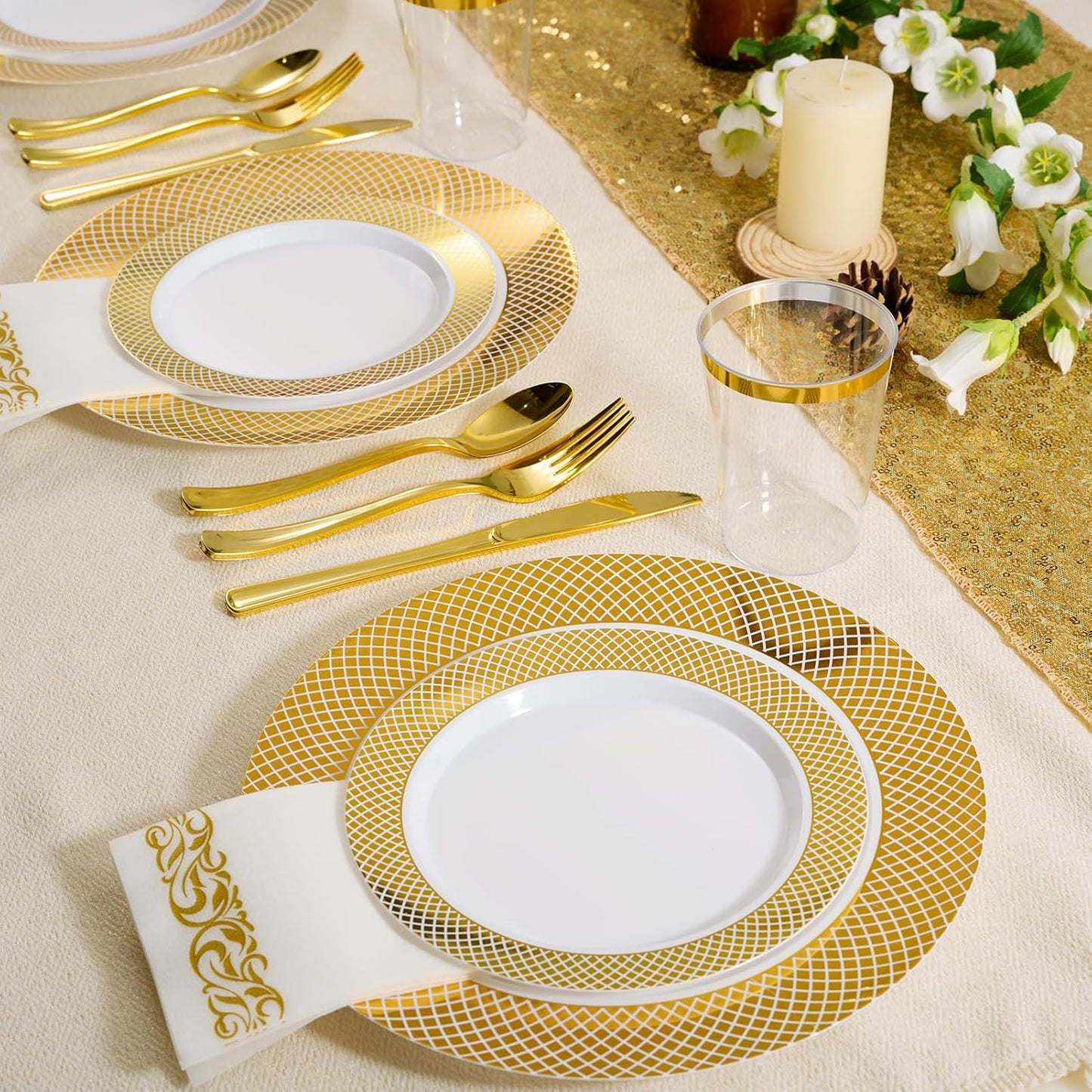 FOCUSLINE 175 Count Gold Dinnerware Set for 25 Guests - Disposable Plastic Plates with Gold Grid, Includes 25 Dinner & Salad Plates, Cups, Napkins, Cutlery Set for Wedding Parties