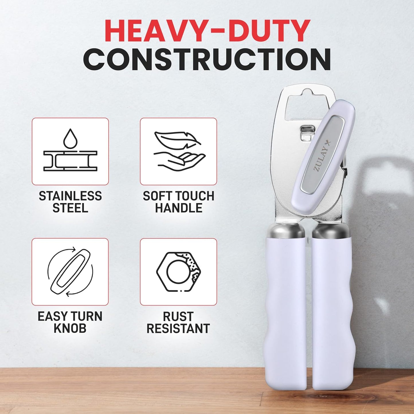 Zulay Kitchen Heavy Duty Stainless Steel Can Opener Manual with Bottle Opener - Rust Proof Manual Can Opener With Turn Knob & Comfy Soft Grip Handles - Light Lilac
