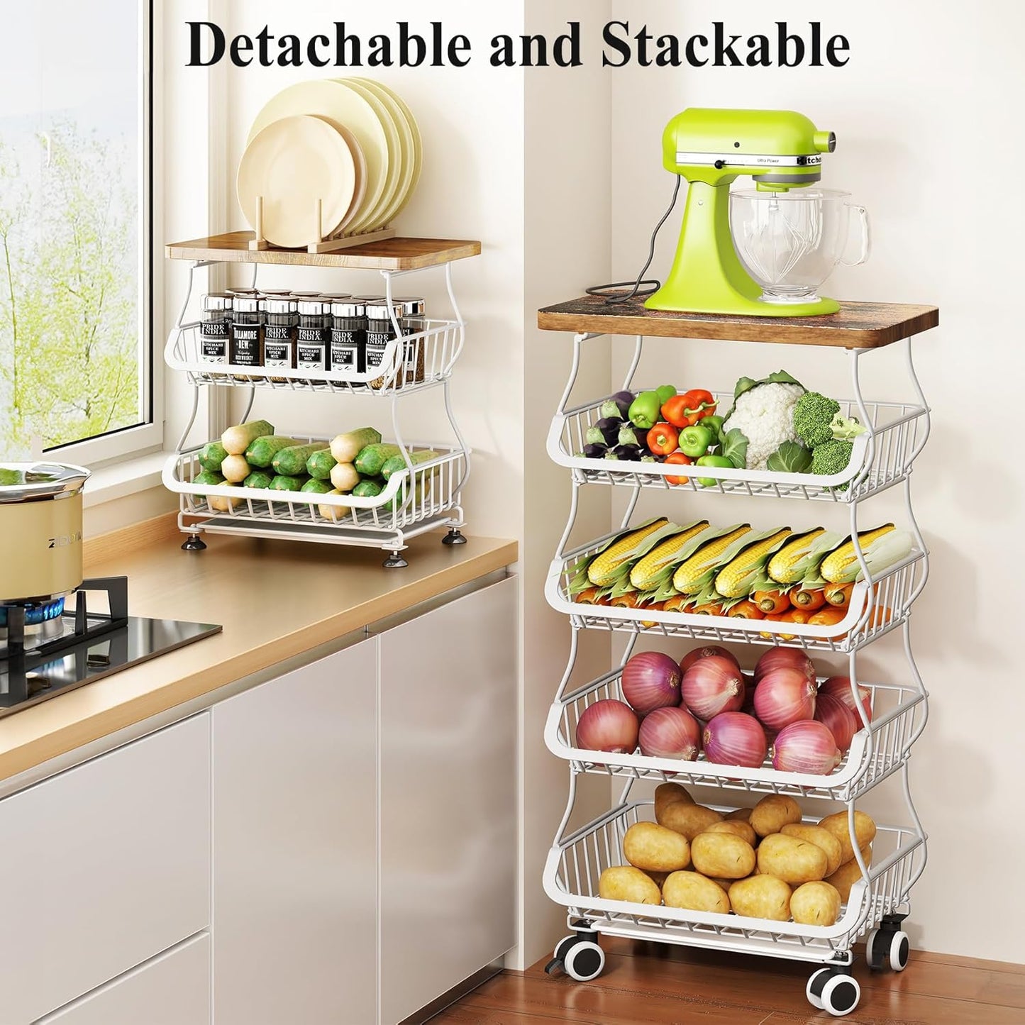SAYZH Fruit Basket for Kitchen with Wood Top 5 Tier, Stackable Fruit and Vegetable Storage Cart, Wire Storage Basket with Wheels, Vegetable Basket Bins Rack for Onions and Potatoes, White