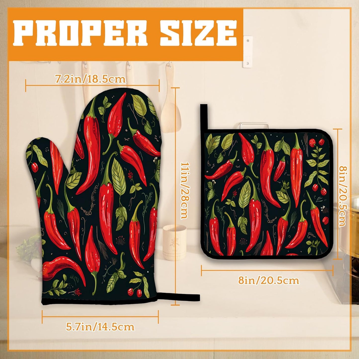 Red Pepper Oven Mitts and Pot Holders Set,Kitchen Oven Gloves and Pot Holder with Heat Resistant Non Slip for Cooking Baking Grilling(4 Piece Set)
