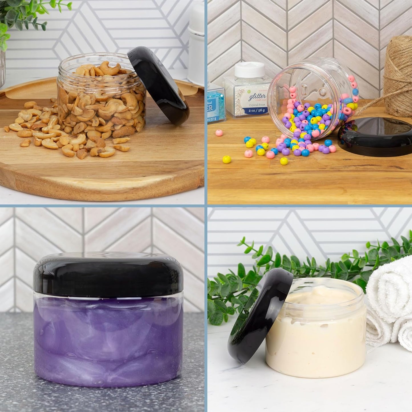 Cornucopia Brands 12 Ounce Clear Plastic Jars w/Black Plastic Lids (6-Pack); BPA Free PET Stackable Canisters for Bathroom & Kitchen Storage