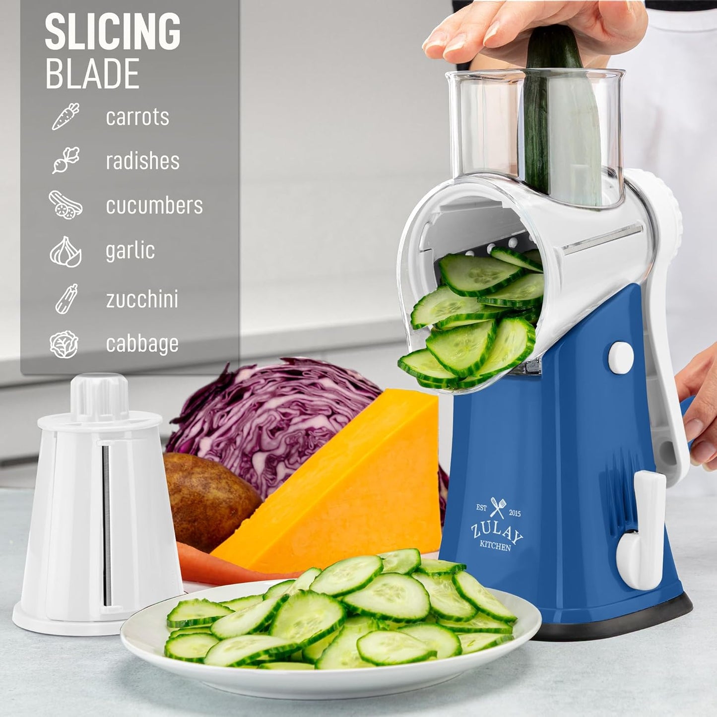 Zulay Kitchen Rotary Cheese Grater 5 Blade Cheese Shredder - Manual Hand Crank Cheese Grater With Reinforced Suction & 5 Interchangeable Drums - Easy to Use, Vegetable Chopper Round Mandoline Slicer