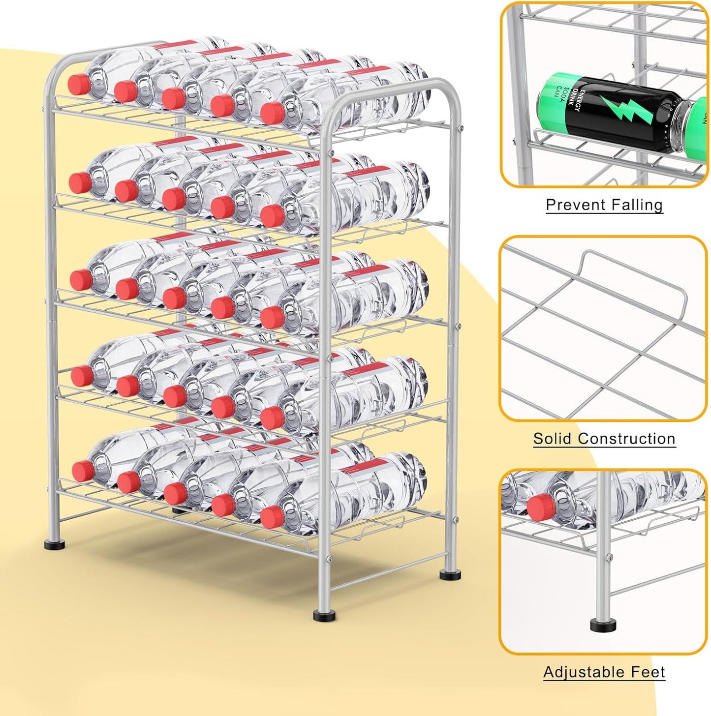 Water Bottle Holder Organizer 5 Tier Water Bottle Storage Rack, Freestanding Floor Beverage Soda Can Dispenser Organizer Rack for Pantry, Kitchen Countertop, Cabinet, Office, Hold 30 Bottles, Silver