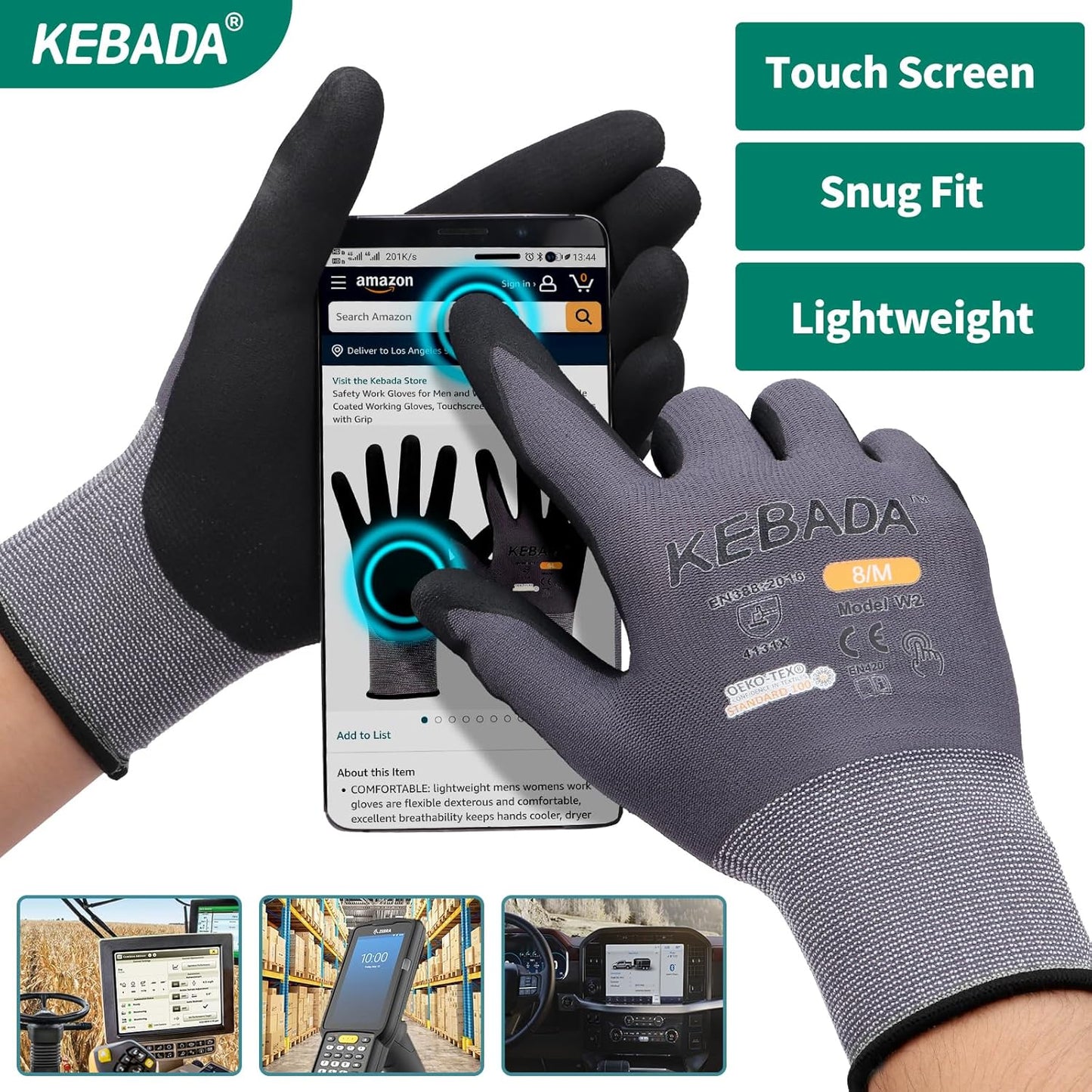Kebada W2 Work Gloves for Men and Women, Nitrile Coated Working Gloves for Gardening, Construction, Warehouse, Safety Gloves for Work in Yard and Outdoors, 6 Pairs, Large