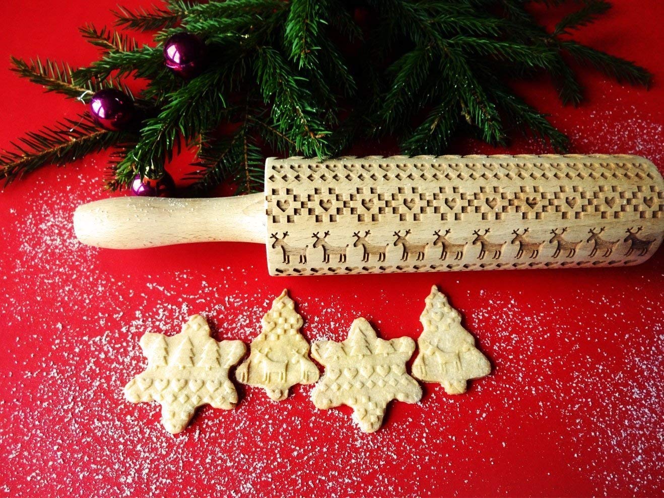 SCANDINAVIAN CHRISTMAS Embossing Rolling Pin Embossing Rolling Pin With Christmas Tree Deer Heart Gingerbread Cookies