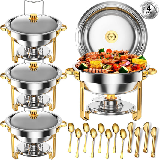 Round Chafing Dishes for Buffet 5 Qt,High Grade Chafing Dish Buffet Set, Full Size Pan,Rolled-Edge Design Food Warmers for Parties,Buffet,Wedding,Birthday,Camping 4 PACK (Half Gold)