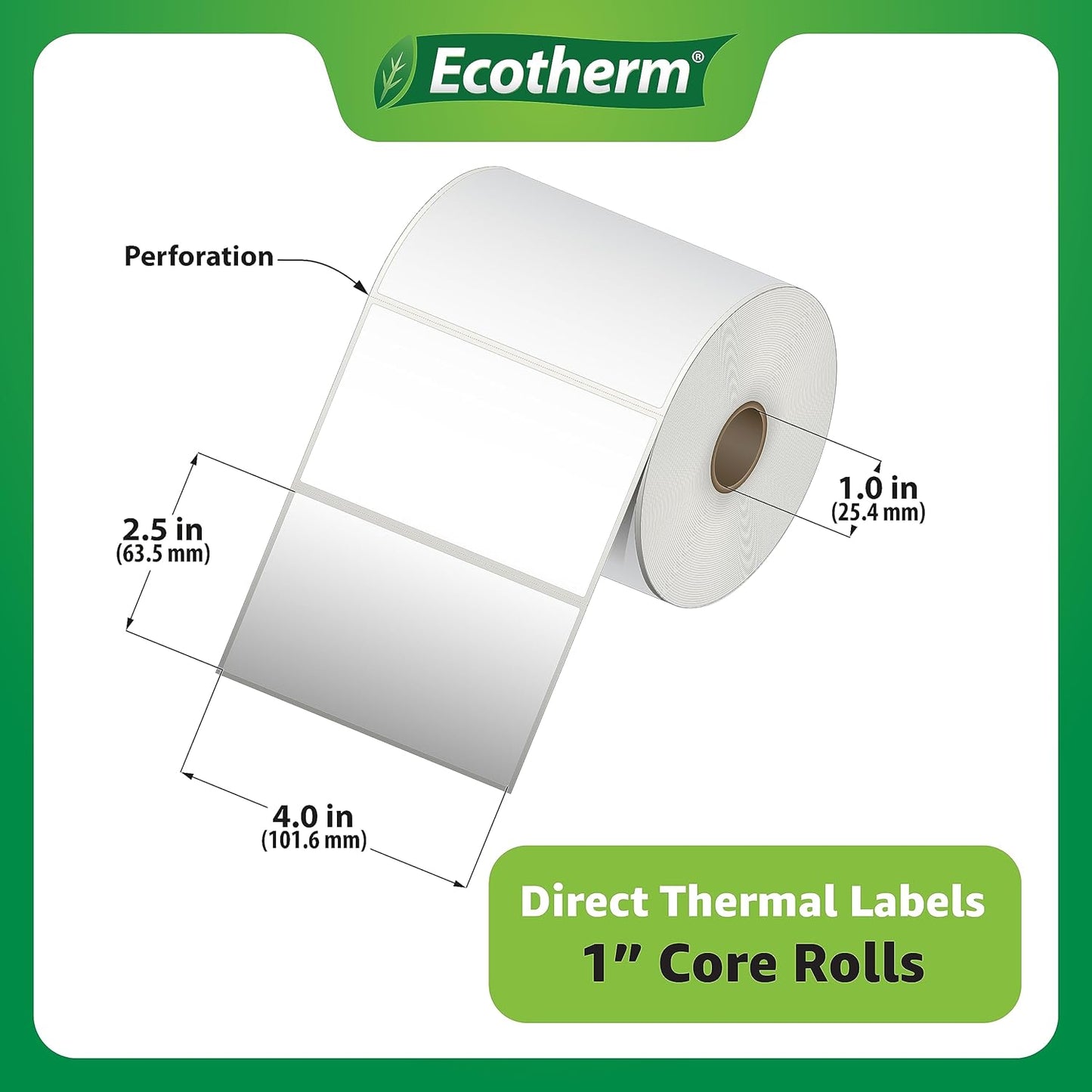 4" x 2.5" Thermal Labels | 4 Rolls | 2400 Labels | fits Zebra, Munbyn, Rollo, Godex, Arkscan, iDPRT, Offnova Thermal Label Printers and More | Blank White Adhesive Stickers by Ecotherm