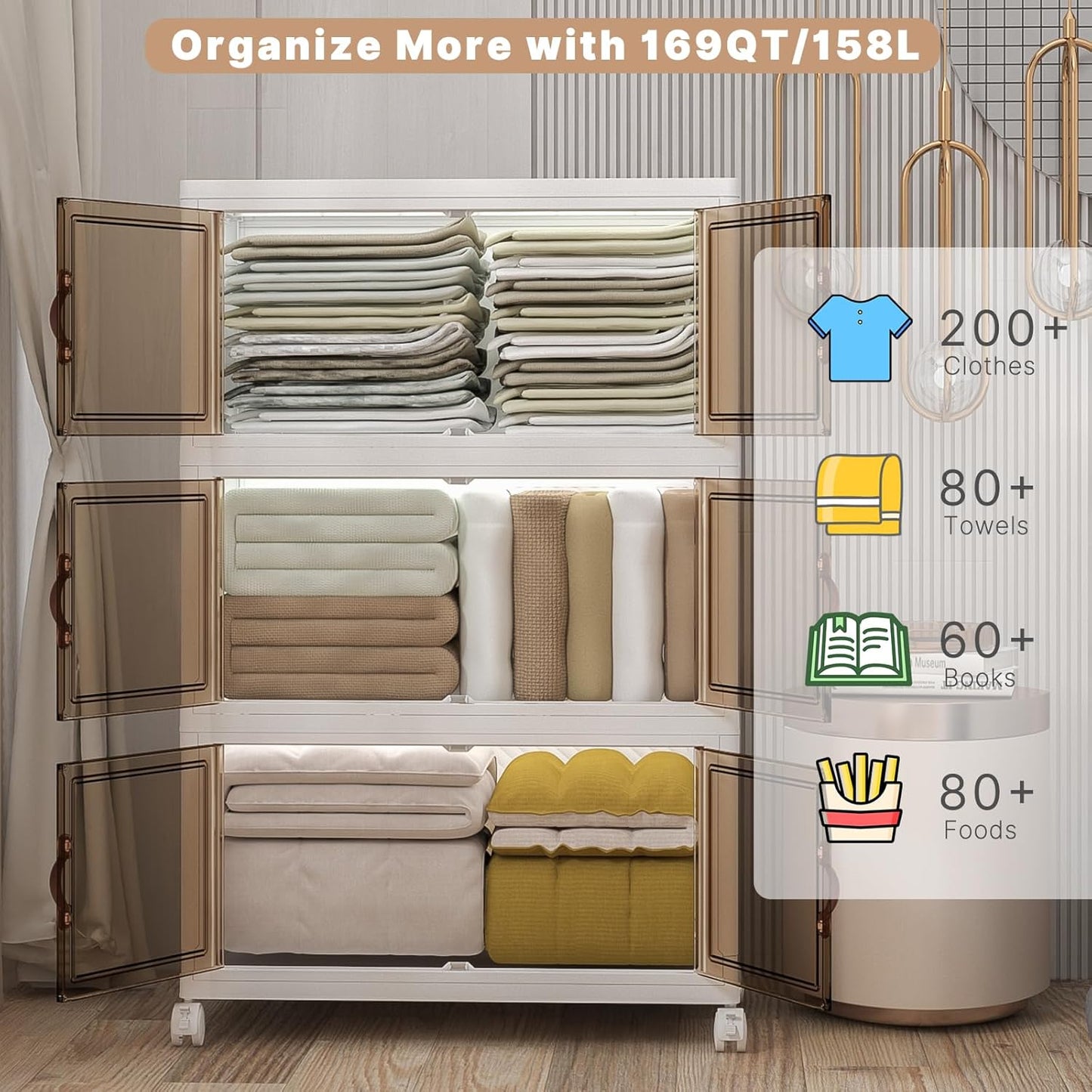 Extra Large Stackable Storage Bins with Lids and Wheels, Foldable Collapsible Closet Organizers,1008QT-168QT/42GAL*6Pack Plastic Stackable Storage drawers for bedroom Dorm