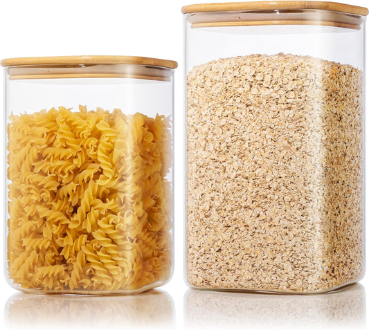 Extra Large Square Glass Flour & Sugar Storage Containers with Airtight Lids, 168oz & 84oz - 2 Pack Glass Jars with Bamboo Lids, Air tight Pantry Food Storage Containers for Cereal, Pasta, Rice