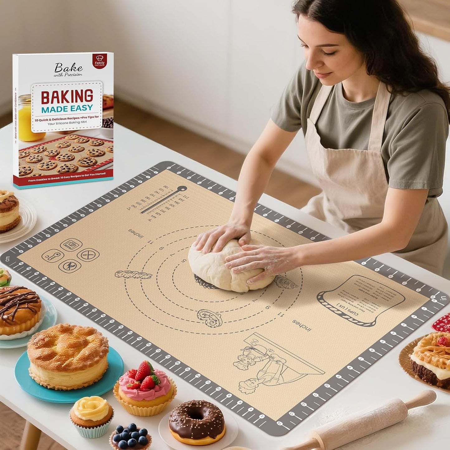 Silicone Macaron Baking Mat with 10 Easy Recipes, Non Stick Silicone Pastry Mat, Kneading Dough Rolling Mat Silicone Mats for Baking Cookie, bread, Pizza, Extra Thick Oven Mat & Dishwasher Safe