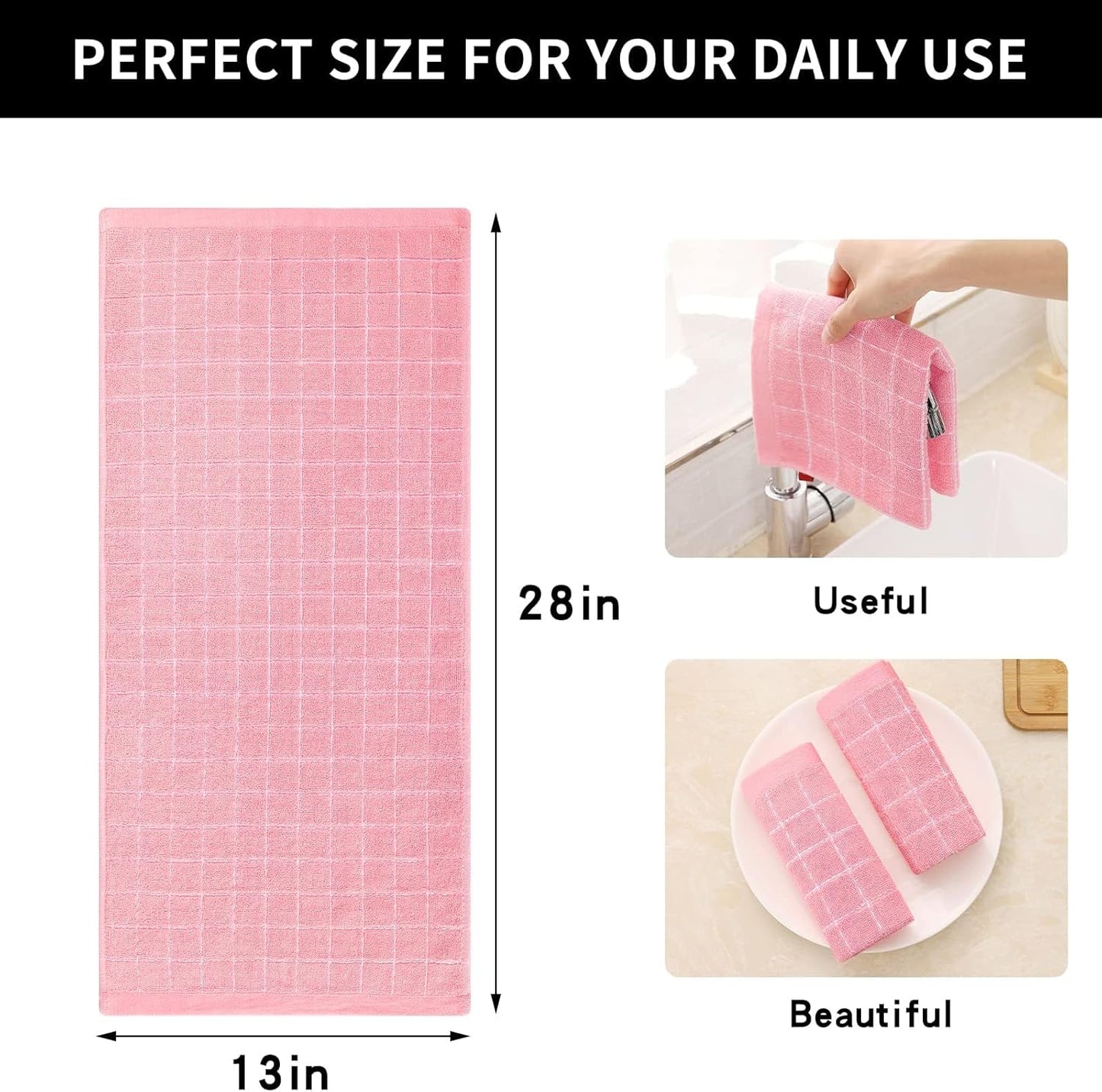 Homaxy 100% Cotton Terry Kitchen Towels(Pink, 13 x 28 inches), Checkered Designed, Soft and Super Absorbent Dish Towels, 8 Pack