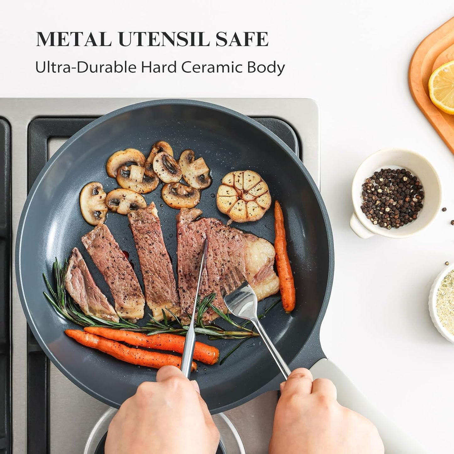 Nonstick Ceramic Frying Pan Set, Non Toxic Skillet, Healthy Egg & Omelet & Chef's Pan, PTFE PFOA & PFAS Free, Induction Compatible (8+10 Inch)