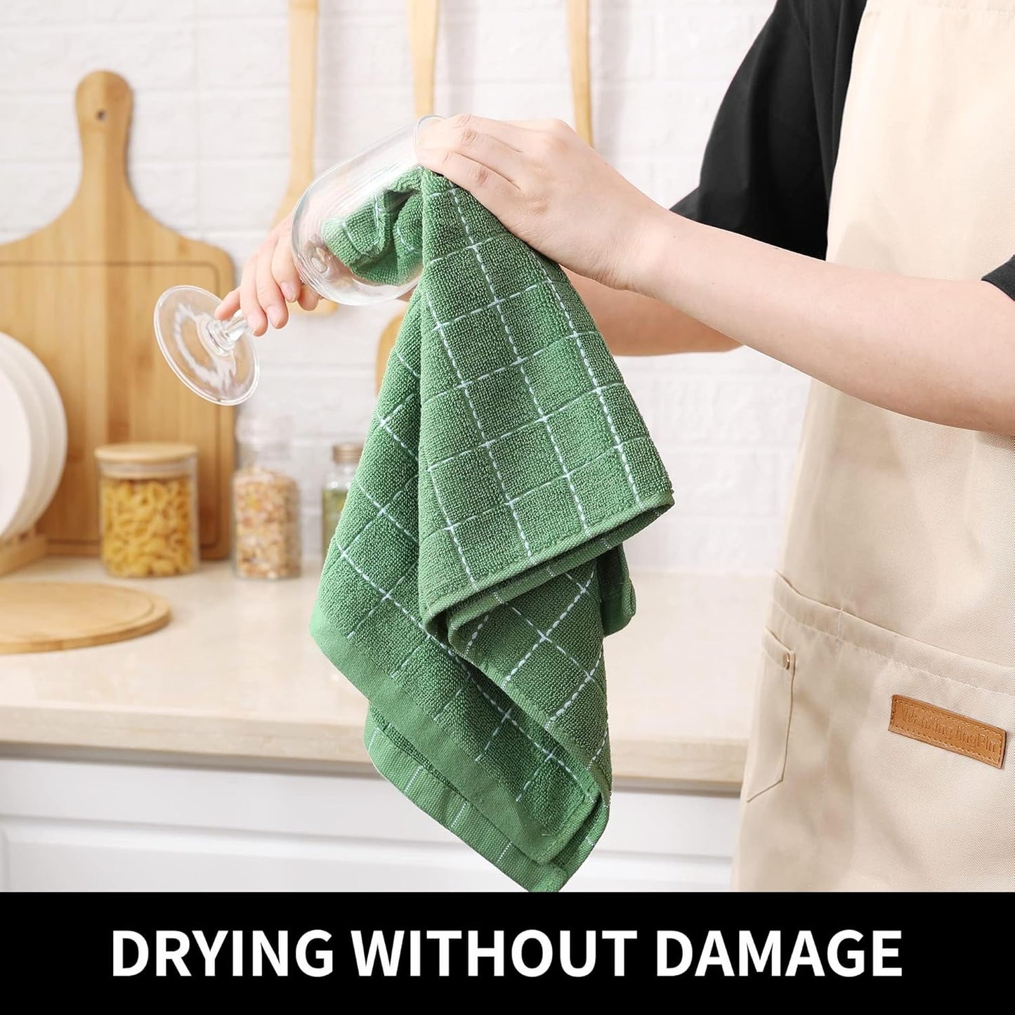 Homaxy 100% Cotton Terry Kitchen Towels(Grass Green, 13 x 28 inches), Checkered Designed, Soft and Super Absorbent Dish Towels, 12 Pack