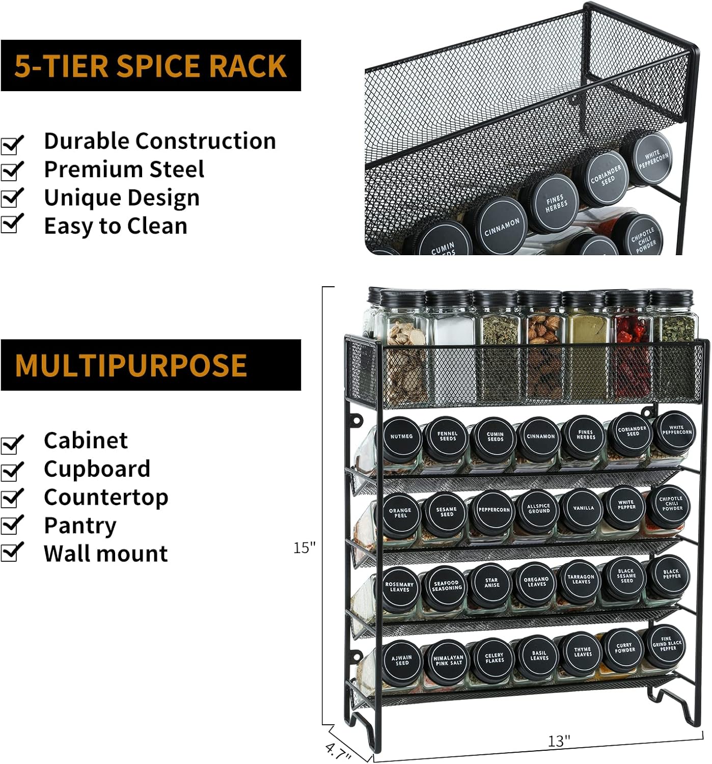 Spice Rack Organizer with 28 Spice Jars, Black Lids，Spice Labels, Chalk pen and Funnel Set for Cabinet, Countertop, Pantry, Cupboard or Wall Mount