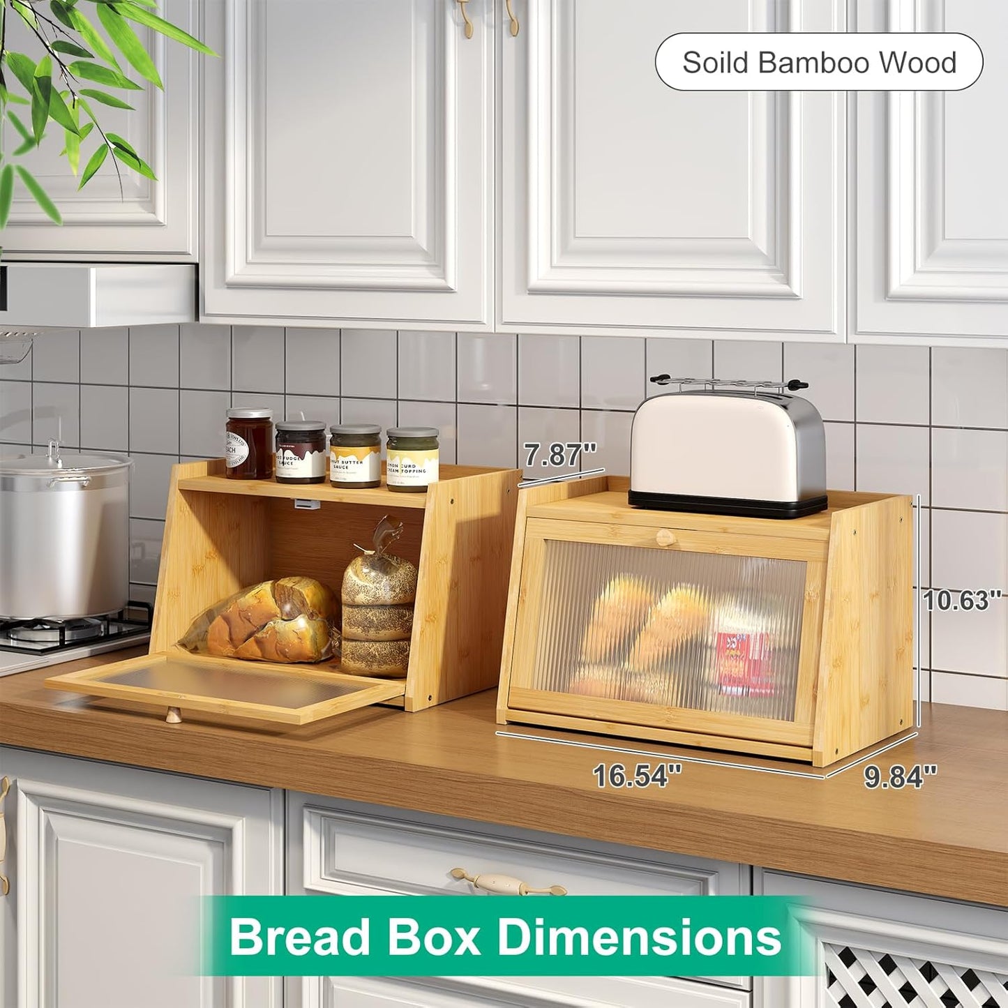 Bread Box for Kitchen Counter, Large Bamboo Bread Storage Container with Wavy Arcylic Door, Bamboo Wooden Farmhouse Bread Box for Your House (Natural, Medium)