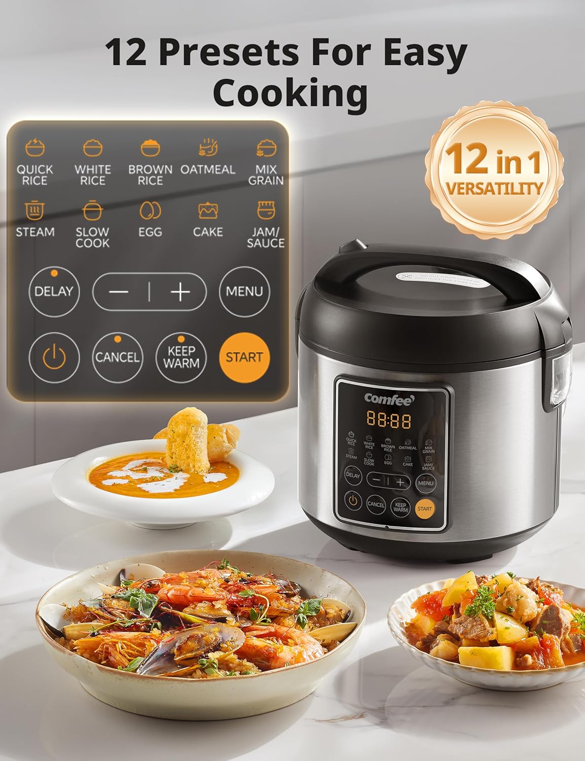 COMFEE' Rice Cooker, 4 Cups Uncooked, 8 Cups Cooked Slow Cooker, 2 Qt Small Multicooker with 10 Presets, Steamer & Grain Cooker, Non-Stick Inner Pot