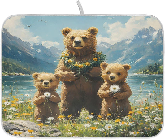 Three Bear Dish Drying Mat for Kitchen Counter Absorbent Microfiber Large Drying Pad Dandelion Wildflowers Dish Mats for Kitchen Countertops 18 x 24 Inch
