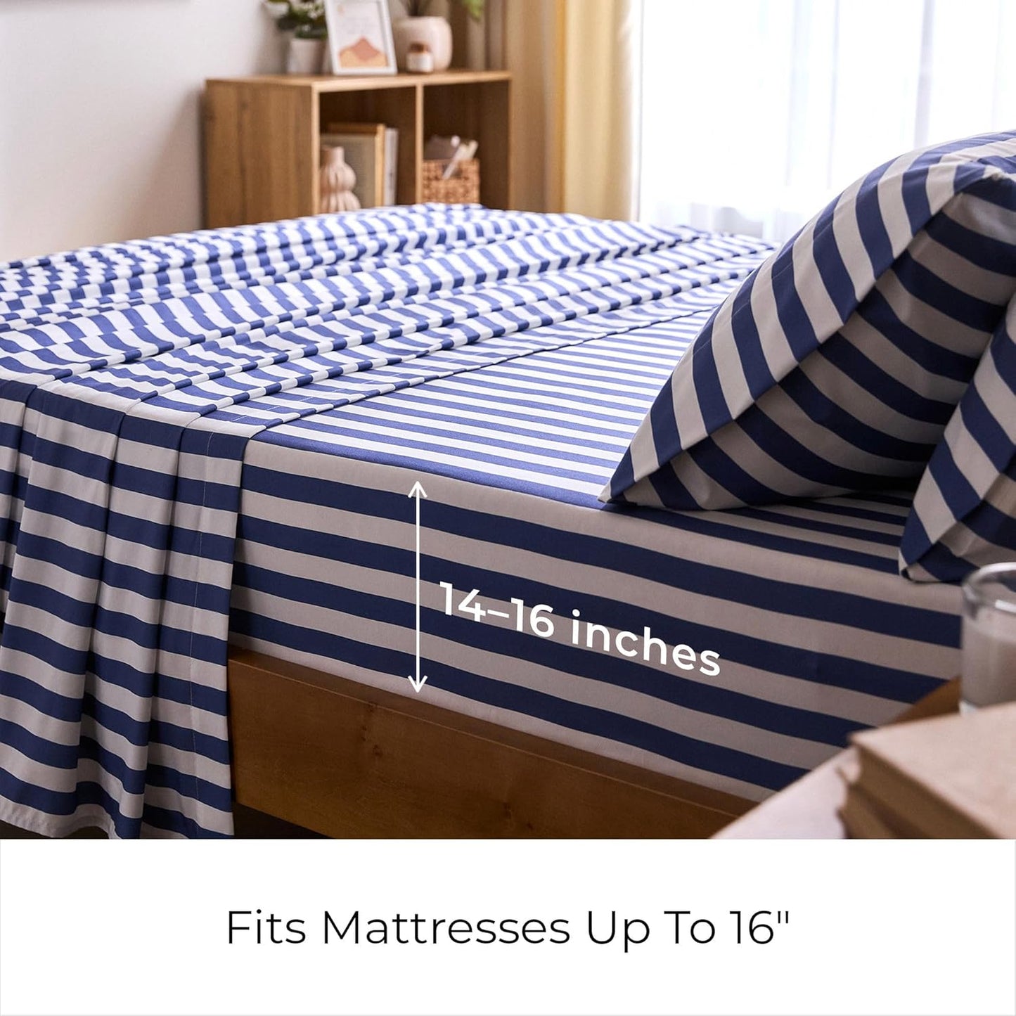 Mellanni Full Sheets Set - 4 PC Iconic Collection Bedding - Hotel Luxury, Extra Soft, Cooling Bed Sheets - Wrinkle, Fade, Stain Resistant (Full, Oxford Stripe Blue Nova)