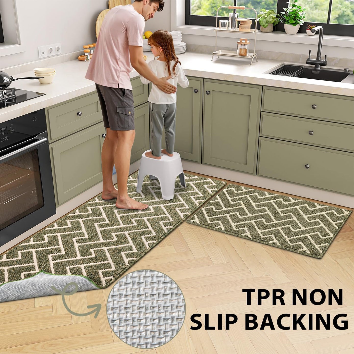 hicorfe Kitchen Rugs and Mats Sets,Non-Slip 2 Pieces Absorbent 100% Polypropylene Rug,Comfort Kitchen Runner Mat,Washable for Kitchen,Sink,Laundry(20" x 31.5" Plus 20" x 59",Green)