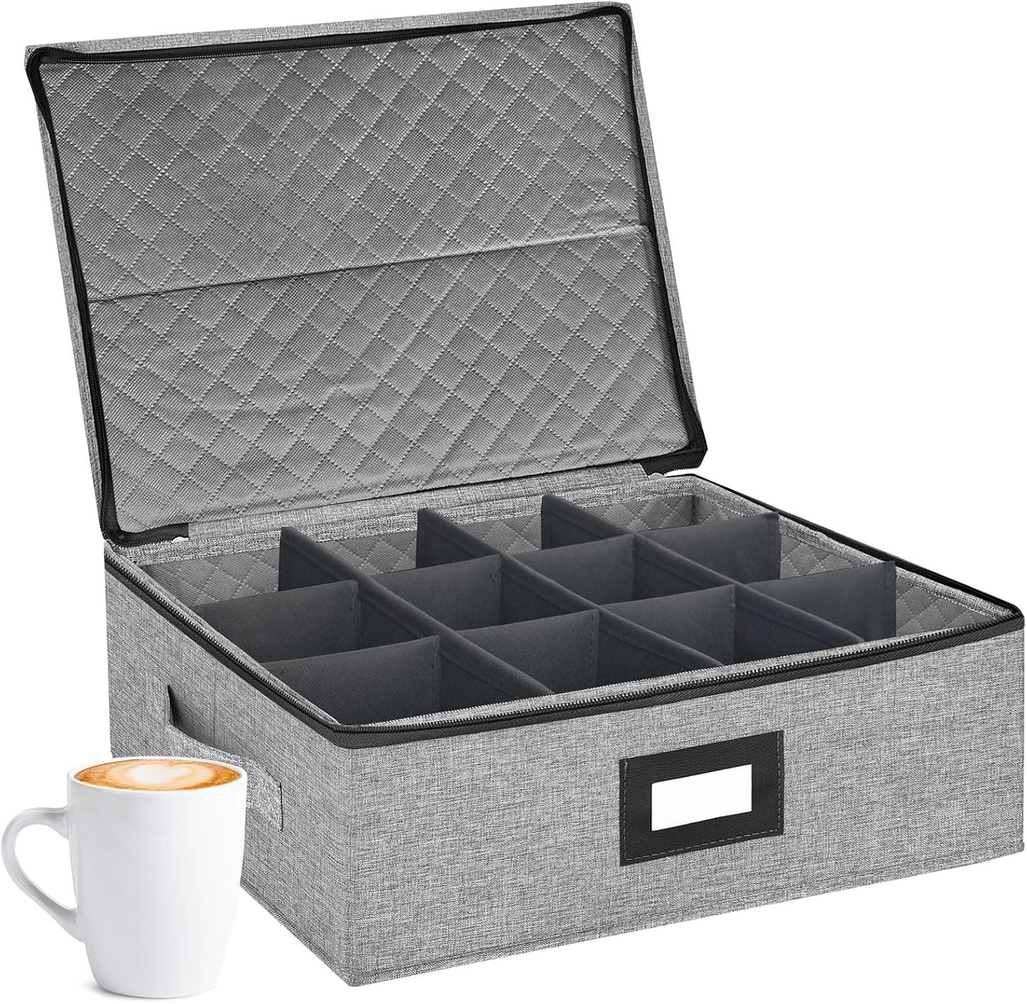 Coffee Mug Storage Box with Dividers, China Storage Containers Hard Shell ,Glassware Storage Containers with Zipper Lid and Handles, Stackable for 12 Mugs, Tea Cups, Moving & Packing (Light Grey)