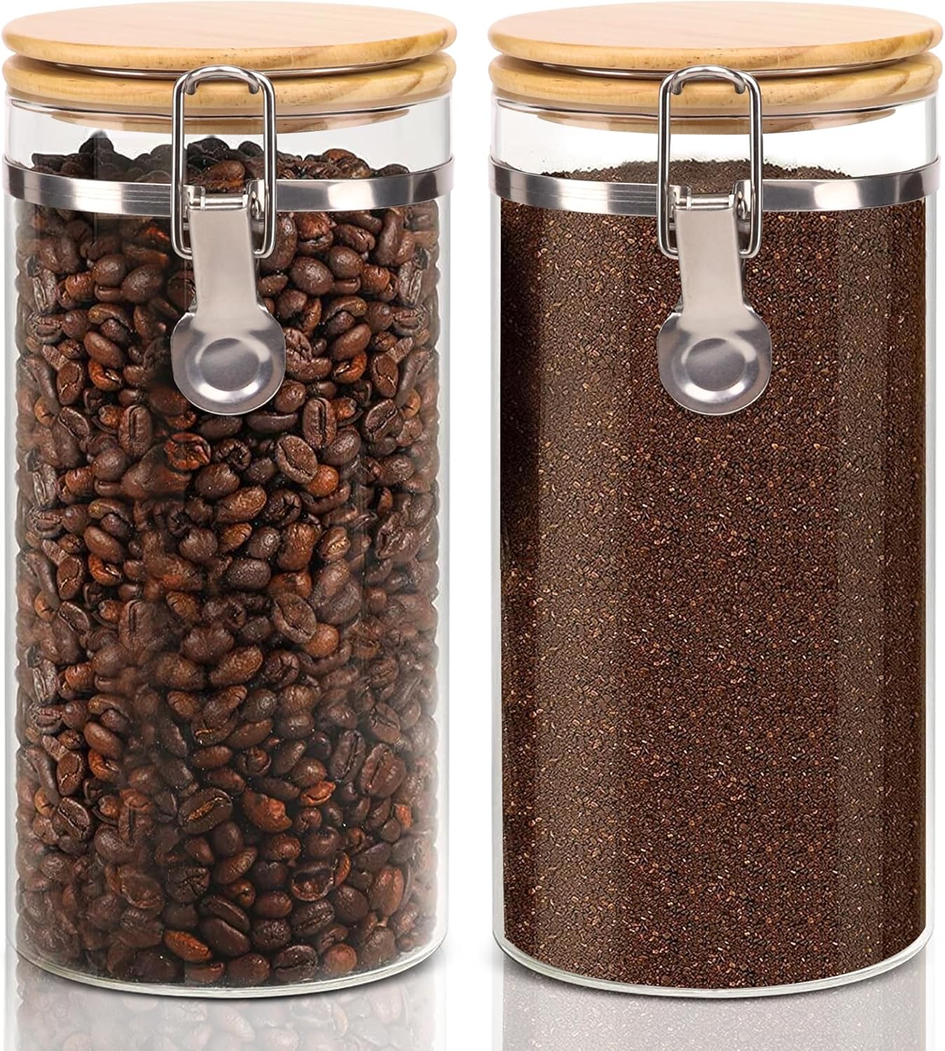Glass Storage Jars Set Elegant Containers with Airtight Bamboo Lids, Perfect for Kitchen Organization - Flour, Rice, Pasta, Sugar, Coffee Beans, Accessories Included (Coffee Jar x 2)
