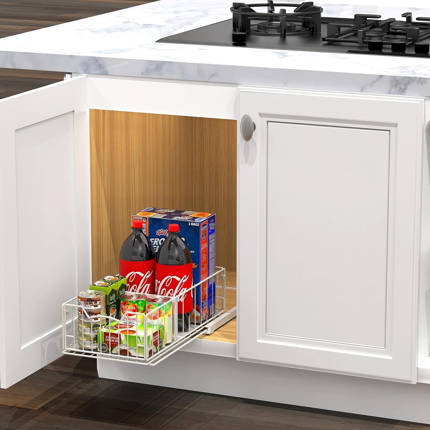 Simple Houseware Pull-Out Cabinet Sliding Basket Organizer, 17.2" D x 9.7" W x 5" H – White, Ideal for Kitchen and Bathroom Cabinet Storage, Under Sink or Pantry Organization