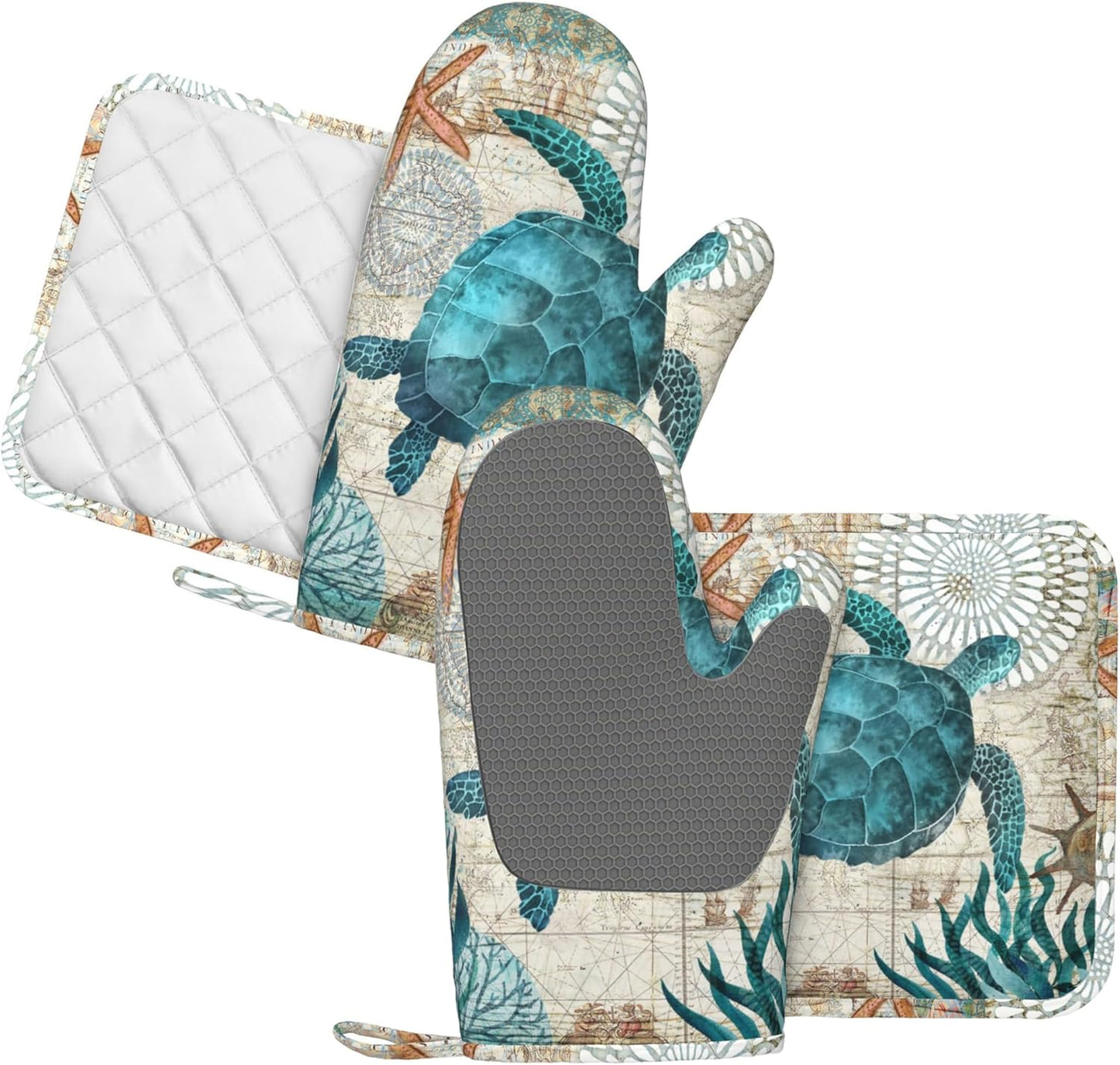 Sea Turtle Ocean Animal Landscape Oven Mitts and Pot Holders Sets Silicone Sea Turtle Kitchen Mitts Potholders Heat Resistant 4Pcs Oven Gloves Hot Pads for Kitchen Grilling