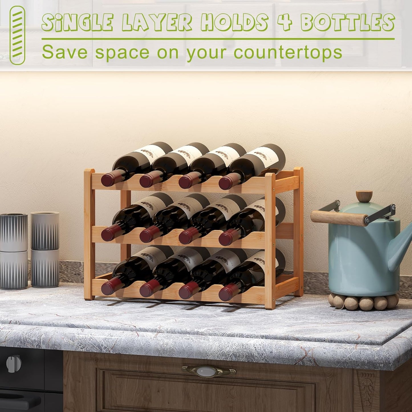 BMOSU Bamboo Wine Rack Wine Storage Cabinet Shelf 12 Bottle Wine Racks Countertop Sturdy for Kitchen Dining Room Pantry - 3 Tiers Wine Rack(Natural)