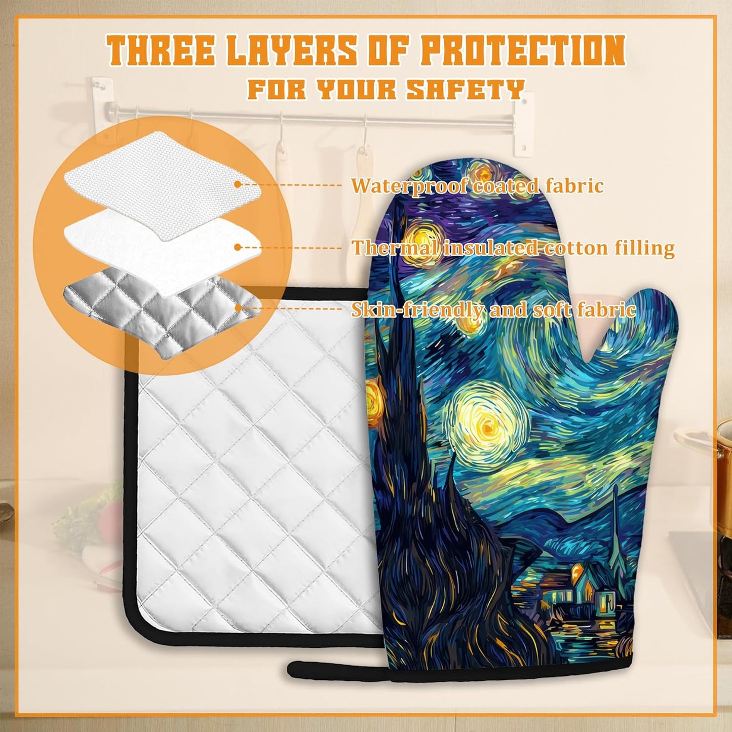 Starry Night Moon Oven Mitts and Pot Holders Set,Village Kitchen Oven Gloves and Pot Holder with Heat Resistant Non Slip for Cooking Baking Grilling(4 Piece Set)