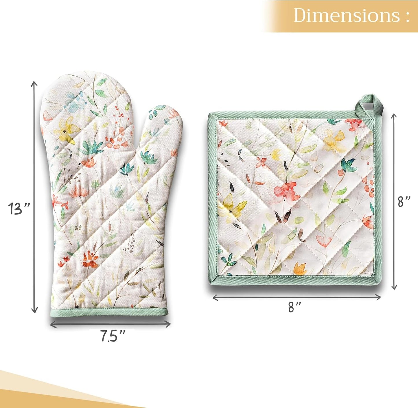 Maison d' Hermine 100% Cotton Oven Mitt & Pot Holder Set (7.5"x13" & 8"x8") Heat Resistant BBQ Cooking Gloves with Loop, Baking, Grilling, Kitchen, Handling Hot Pans Spring/Summer (Colmar)