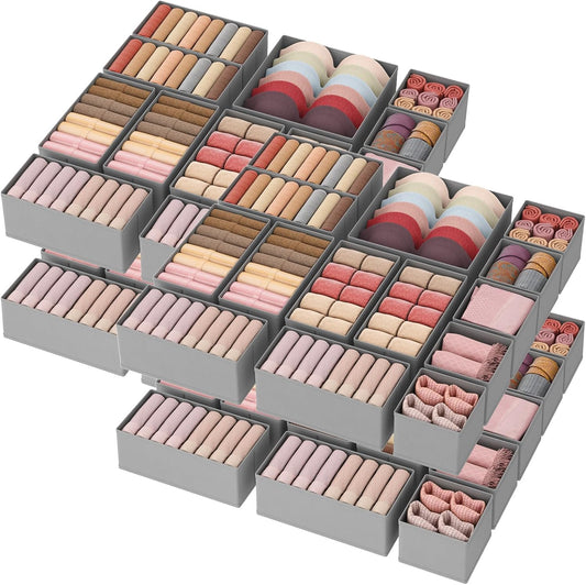 Lifewit Drawer Organizer Clothes for Closet 48 Pack, 3 Sizes Underwear Wardrobe Drawer Dividers, Fabric Foldable Dresser Storage Organizer Bins for Sock/Bra/Lingerie/Undies, Light Gray