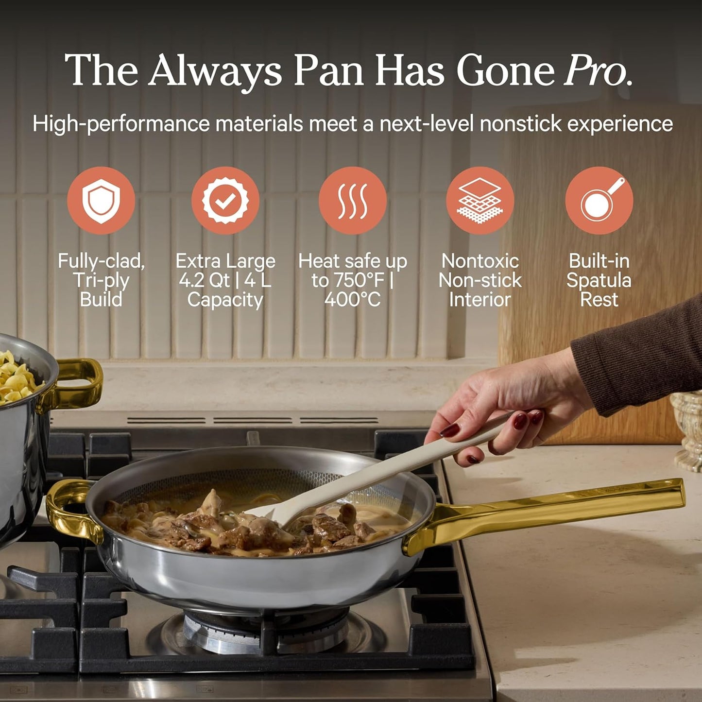 Our Place Titanium Large Always Pan Pro - 12.5” (4.2 Qt) No-Coating Nonstick Skillet | Tri-Ply Titanium & Stainless Steel | Safe for Oven, Induction & Cooktops up to 750°F | Includes Spatula | Gold