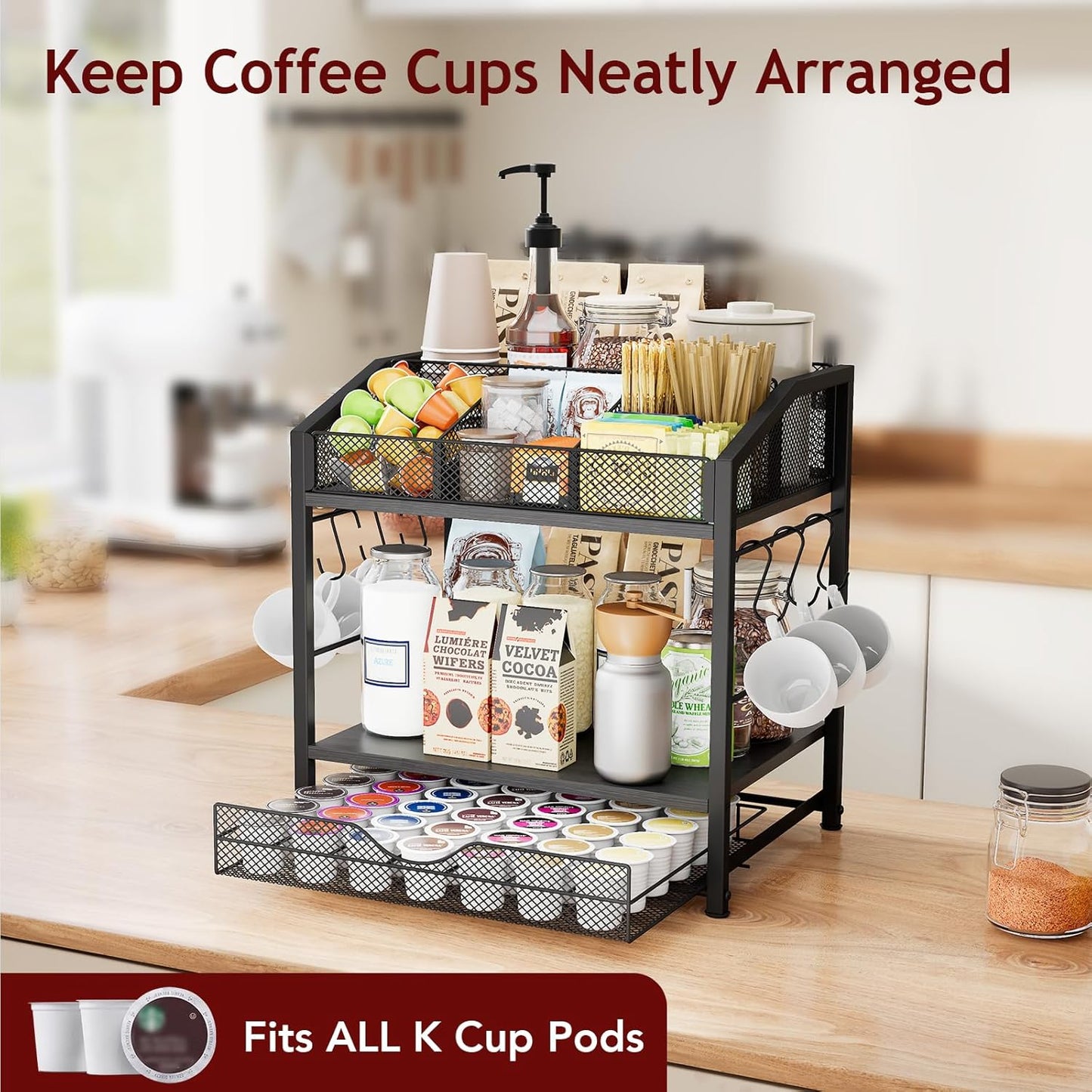 Coffee Bar Organizer - Countertop Coffee Station, 42 K Cup holder Storage Basket with Drawer and Hooks for Syrup, Cups, Stirrer, Condiment, Tea Organizer, Black