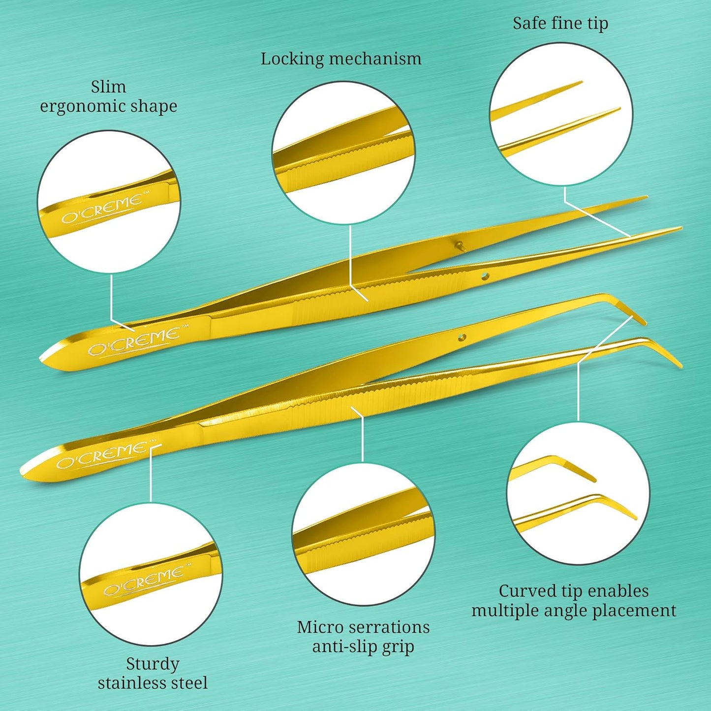 O'Creme Gold Stainless Steel Precision Kitchen Culinary Fine-Tip Tweezer Tongs, 1 Curved and 1 Straight