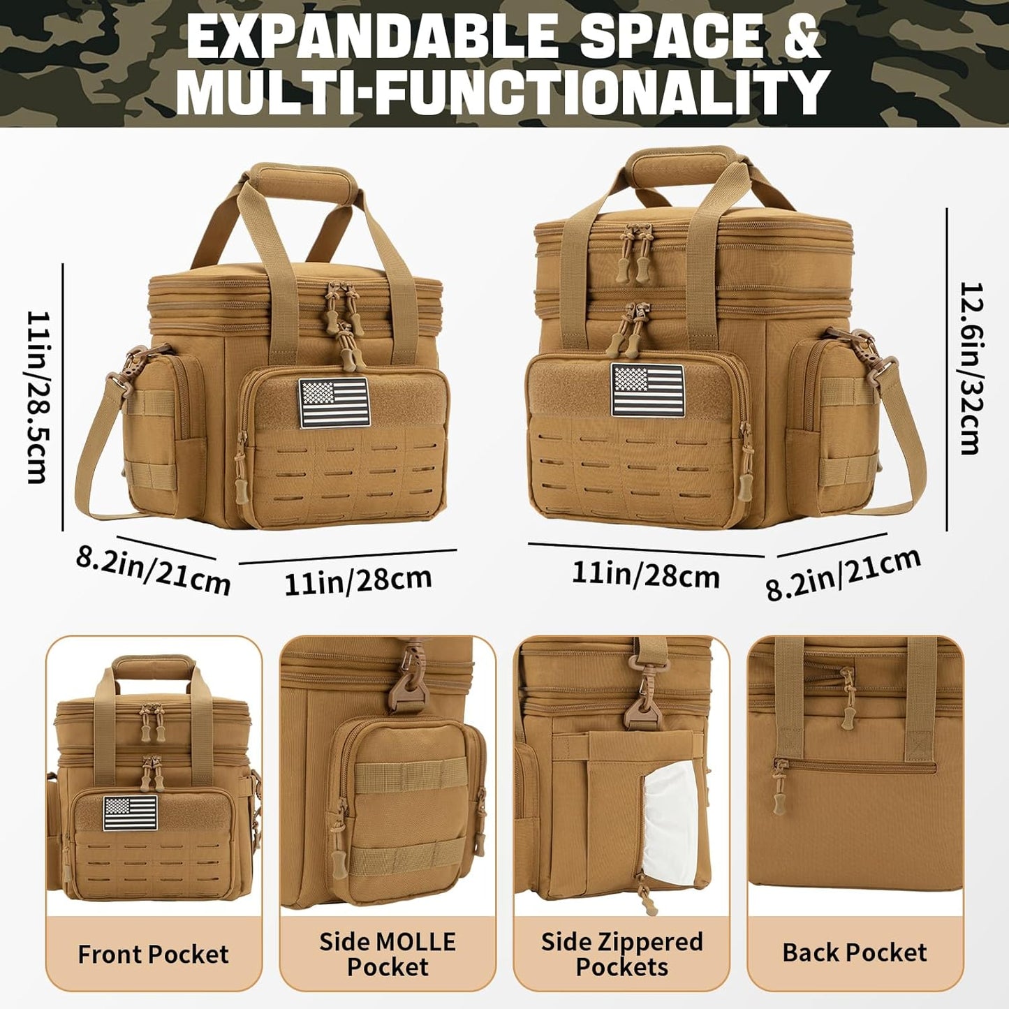 QT&QY Tactical Lunch Box for Men Expandable 18L Heavy Duty Military Insulated Cooler Bag, Leakproof Thermal Lunch Bag for Work Camping Outdoor Picnic Pail Adult Meal MOLLE Webbing Khaki