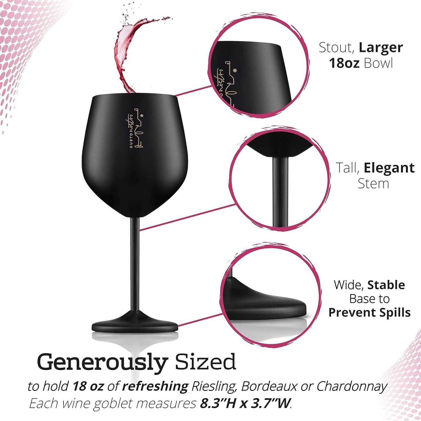 Gusto Nostro Stainless Steel Wine Glass - 18 oz - Unbreakable Black Wine Glasses for Travel, Camping and Pool - Fancy, Unique and Cool Portable Metal Wine Glass for Outdoor Events, Picnics (Set of 4)