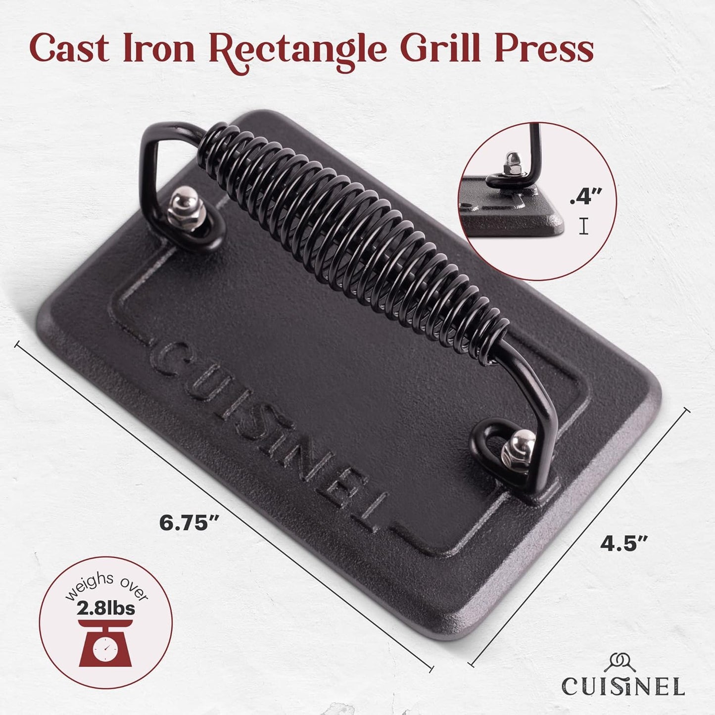 Cuisinel Cast Iron Grill Pan + Rectangular Cast Iron Grill Press + Tempered Glass Lid + Pan Scraper – Pre-Seasoned Ribbed Skillet – 10.5"-Inch Square Grilling Indoor/Outdoor Camping Fire BBQ Cookware