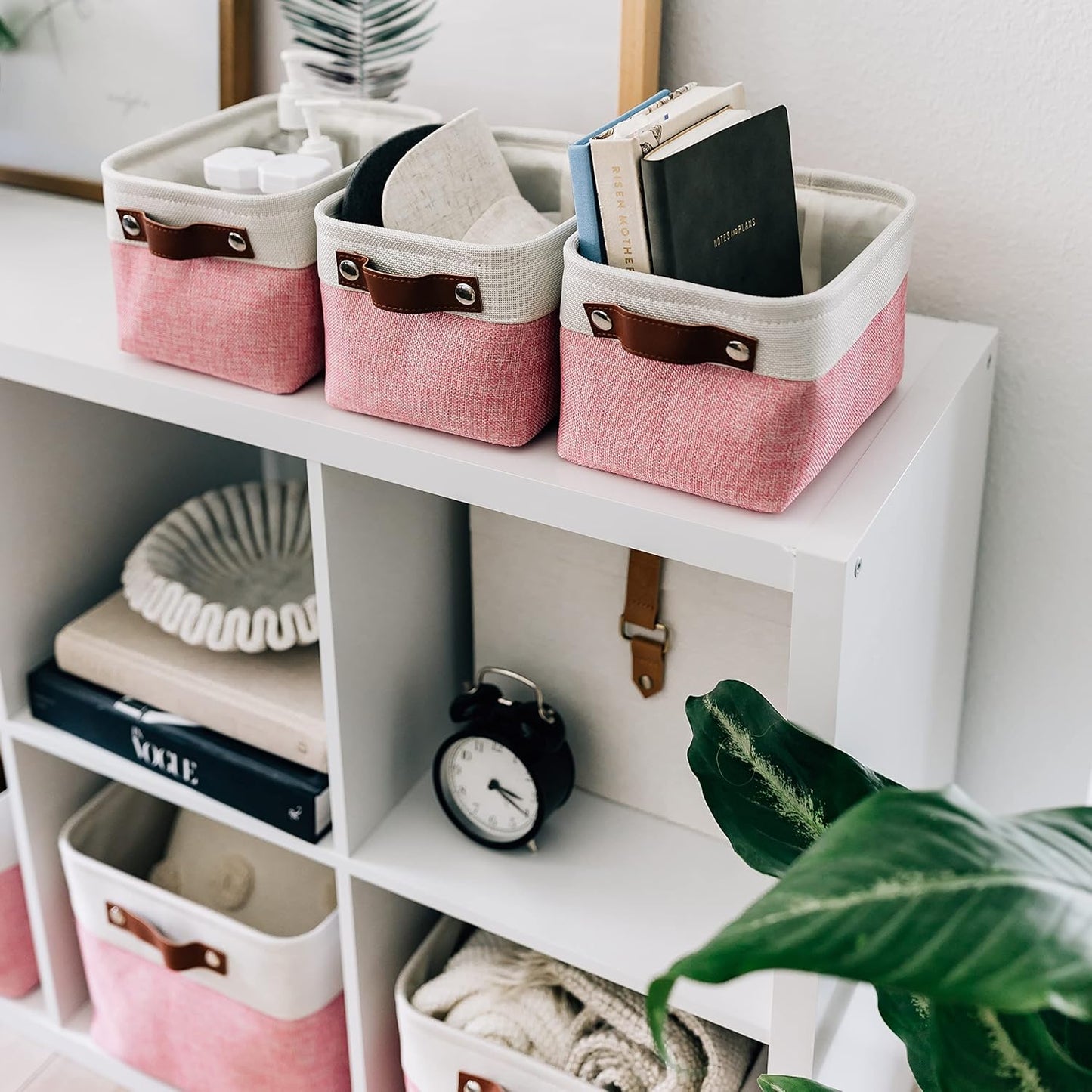 OrganiHaus Small Fabric Storage Bins for Shelves 6 Pack, 12x8in Closet Storage Bins for Shelves, Cloth Baskets for Organizing, Linen Closet Organizers, Fabric Basket, Pink/White