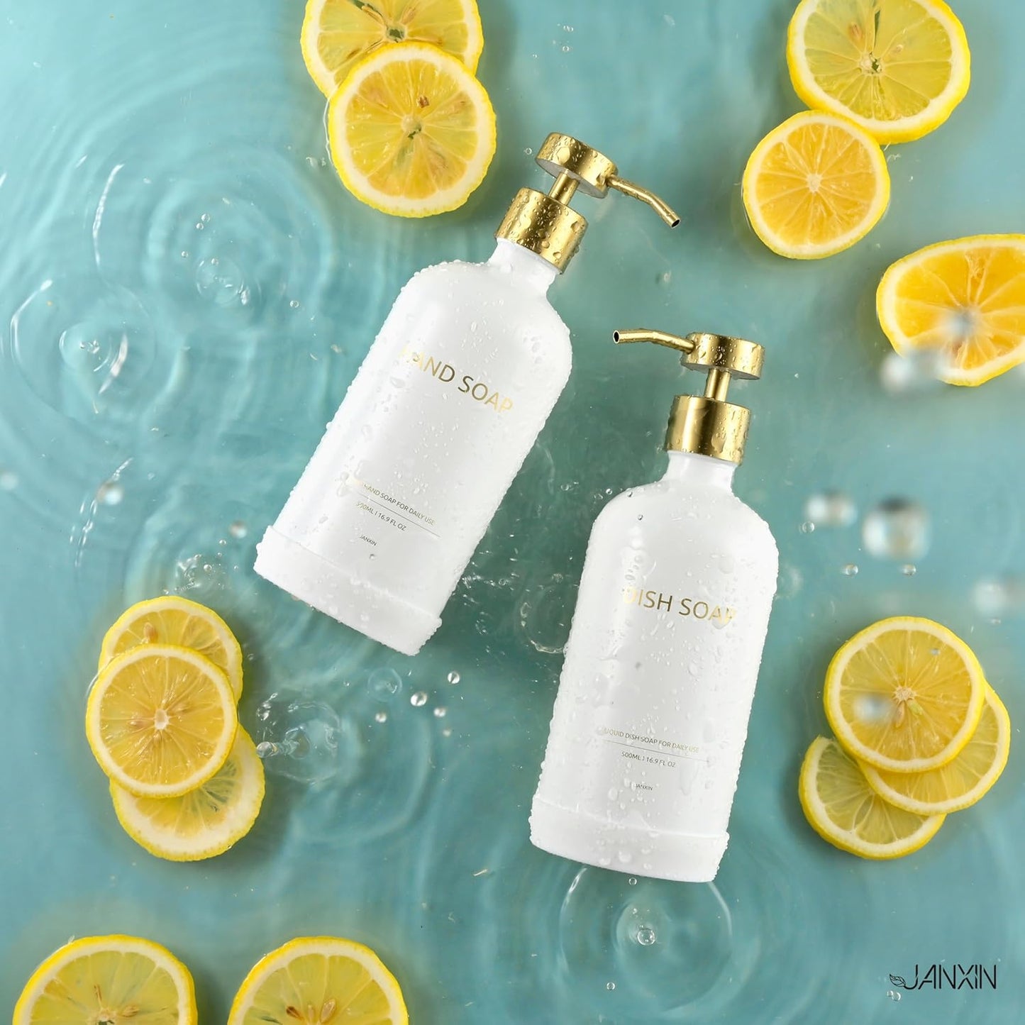 Glass Soap Dispenser Set with Ceramic Tray, 16.9 floz Hand and Dish Soap Dispenser for Bathroom Decor, White and Gold Kitchen Accessories (White Bottles + Gold Pumps)