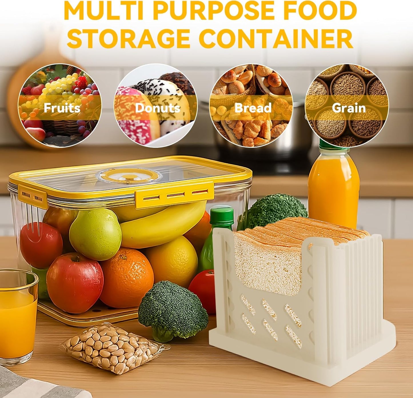 Bread Box and Slicer,Breades Slicer with Box, Large Breads Box Airtight with Lid and Time Recording Function, Bread Container for Homemade Bread, Cookies, Bagel, Donut and Toast(yellow)