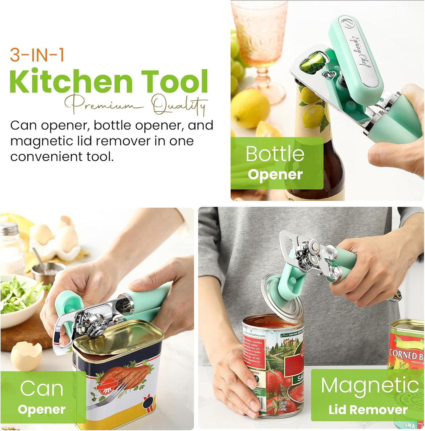 Spring Chef Stainless Steel Can Opener - Manual with Soft Grip Handles, Easy Turn, Heavy Duty Hand Can Opener for Seniors with Smooth Edge - Built-in Magnetic Lid Remover - Mint