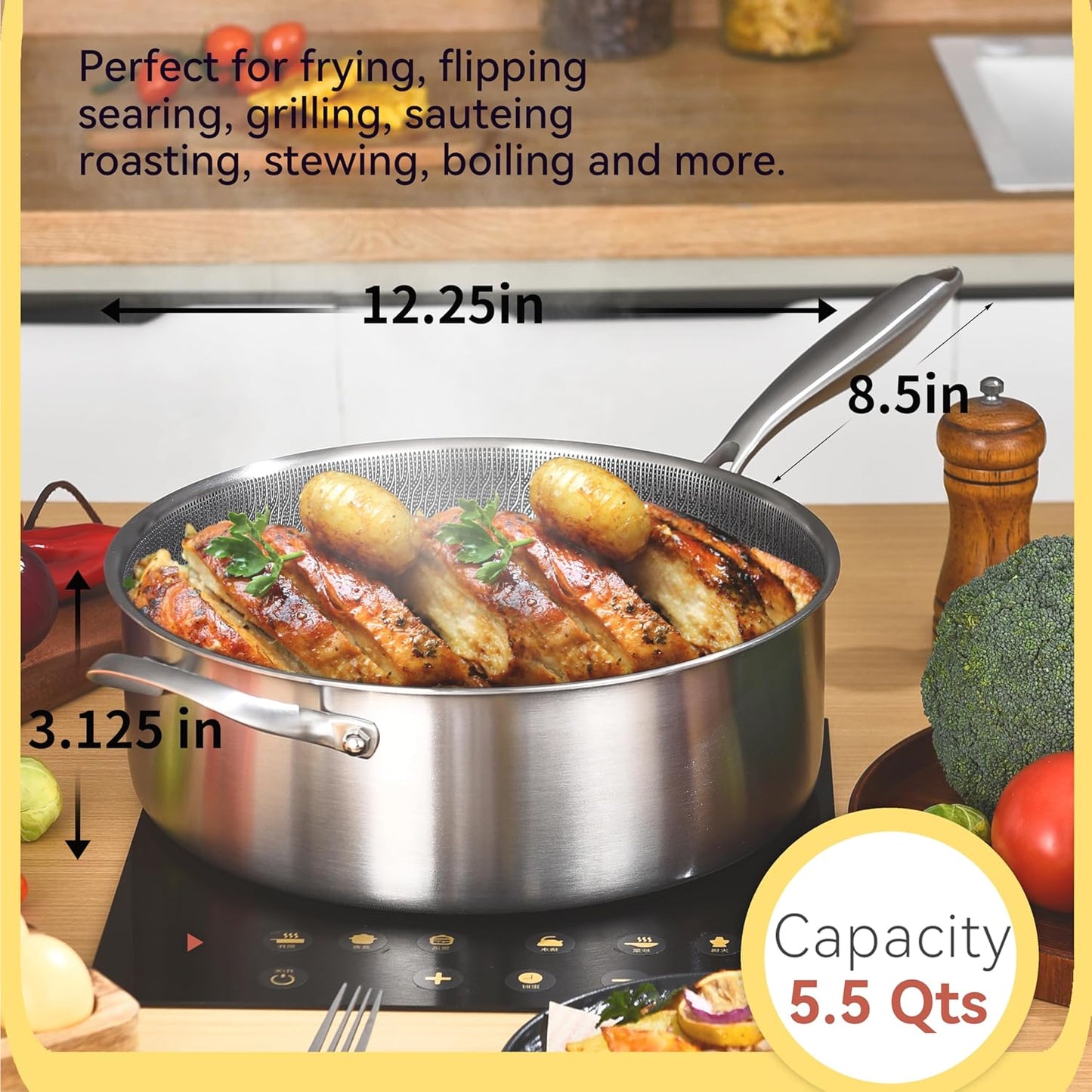 LOLYKITCH 6 Quarts Hybrid Non Stick Tri-Ply Stainless Steel Sauté Pan with Lid,12 Inch Deep Frying Pan,Large Skillet,Induction Cooking Pan, Oven Safe and Detachable Handle.