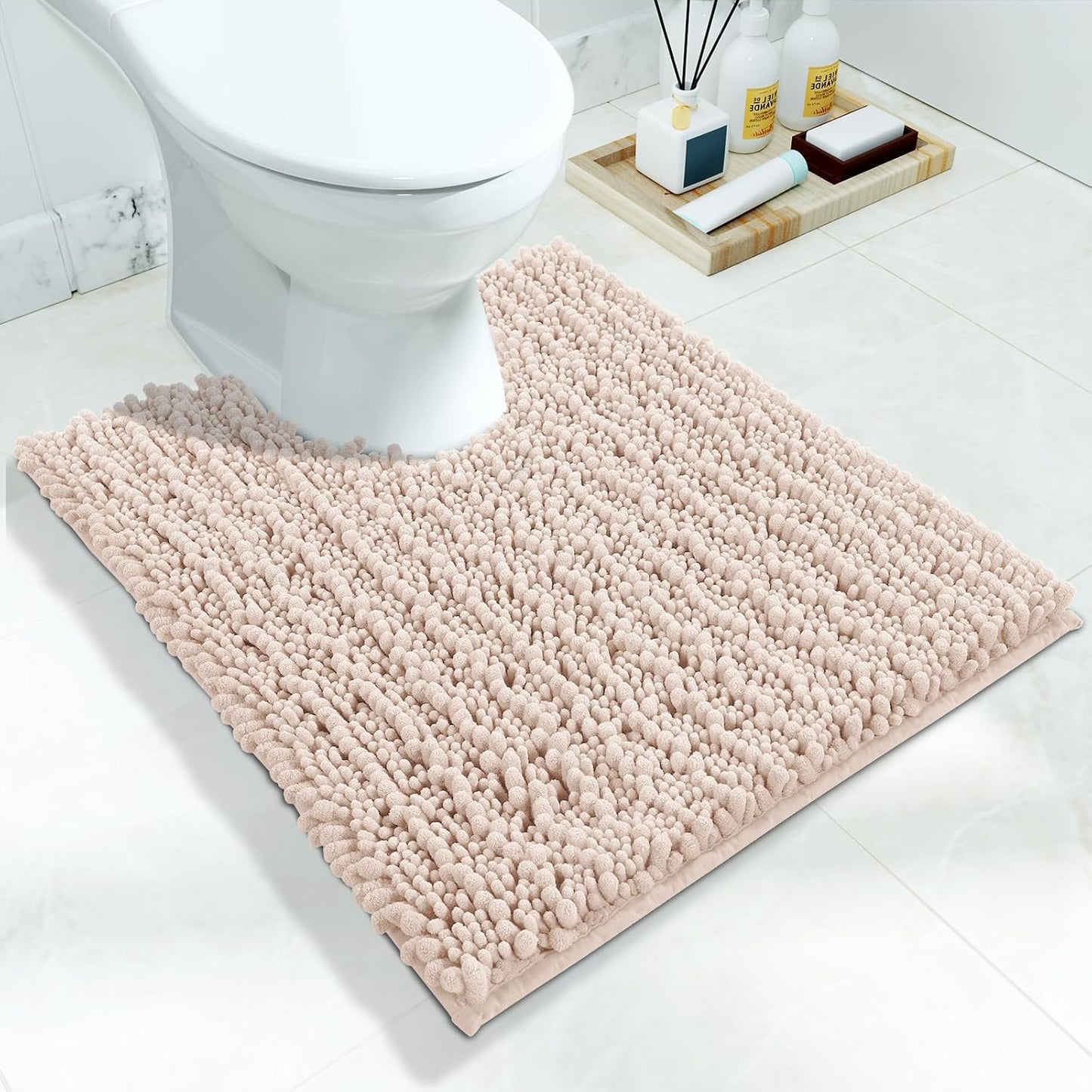 Yimobra Toilet Rug U Shaped Washable 24x20 Inch - Ultra Soft Absorbent Chenille Bath Rugs for Toilet, Quick Dry & Machine Washable, Non Slip Contour Bathroom Mat, Pinkish Beige
