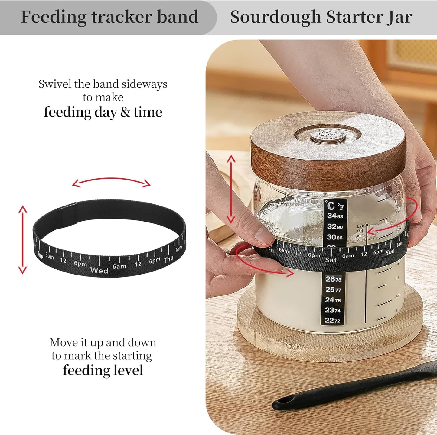 Sourdough Starter Jar 2Pack，Wood Sealed Lid with Automatic Exhaust,35OZ with Ounce Scale Line,Date Marked Feeding Band, Thermometer, Sourdough Jar Scraper,Wide Mouth for Sourdough Bread Baking