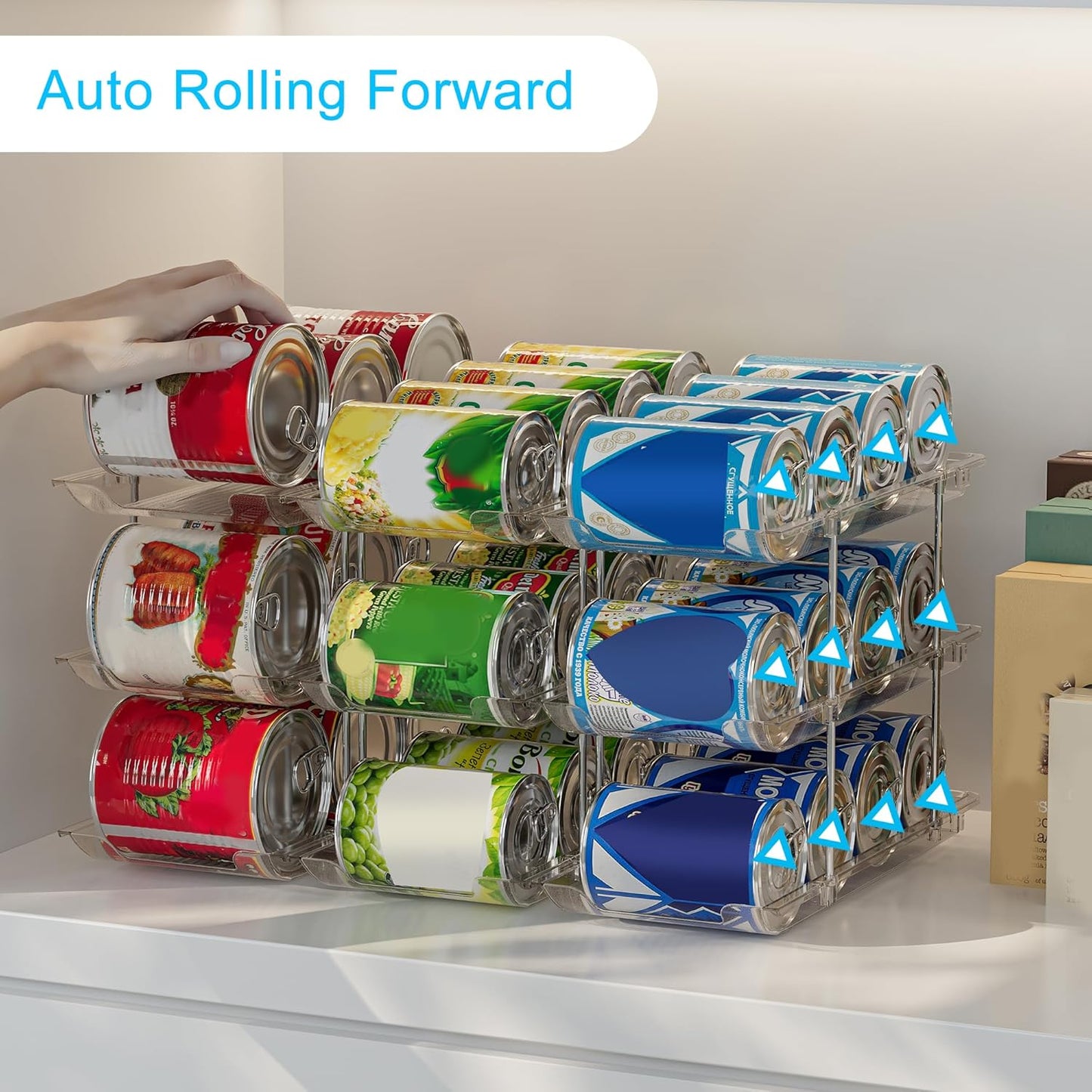 Can Organizer For Pantry, Adjustable Height And Width Canned Goods Organizer, Roller Soup Can Organizer Holds Up to 36 Cans for Kitchen Cabinet or Refrigerator(CLear 3 Tier)